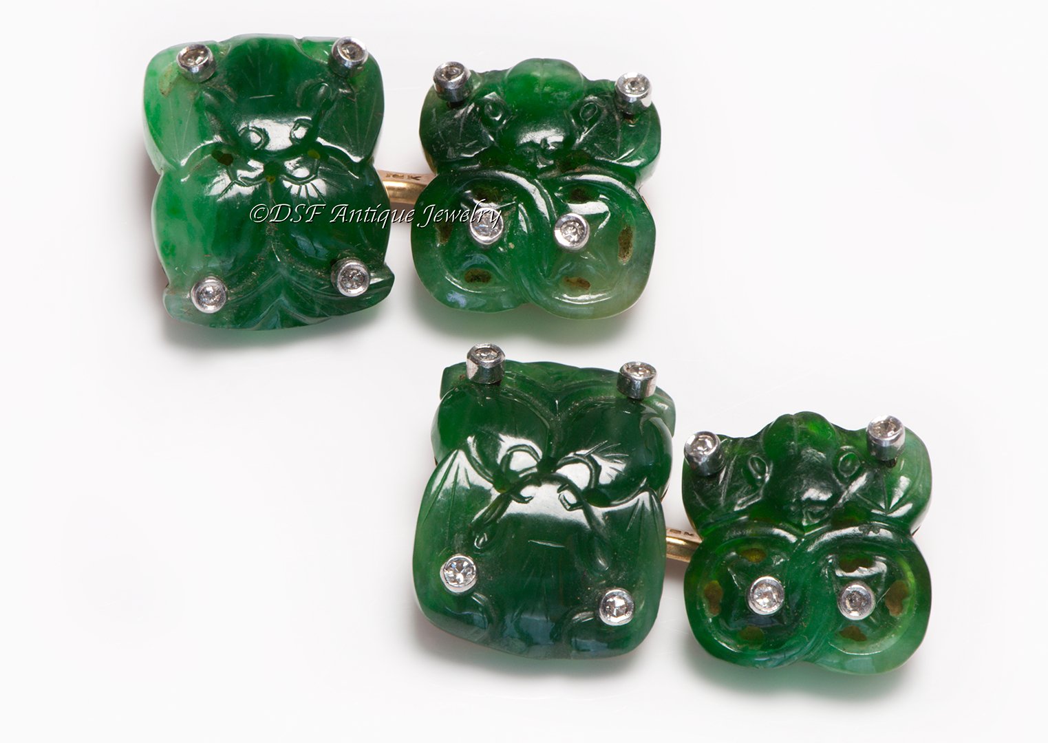 Antique 18K Gold Platinum Carved Jade Cufflinks