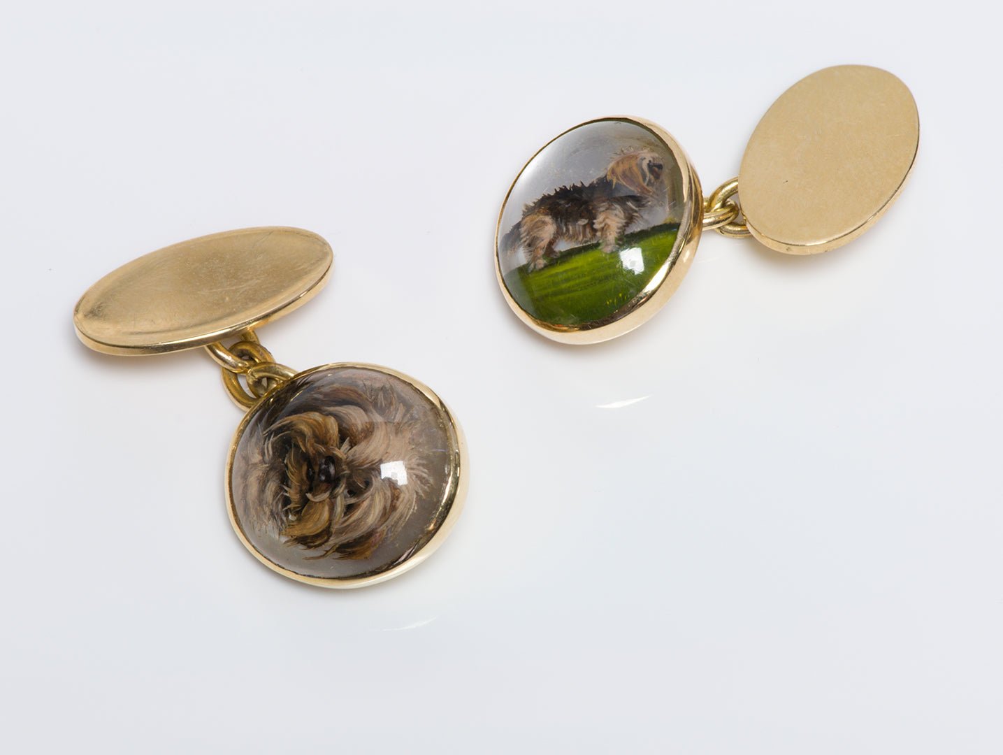 Antique 18K Gold Reverse Crystal Yorkshire Dog Cufflinks