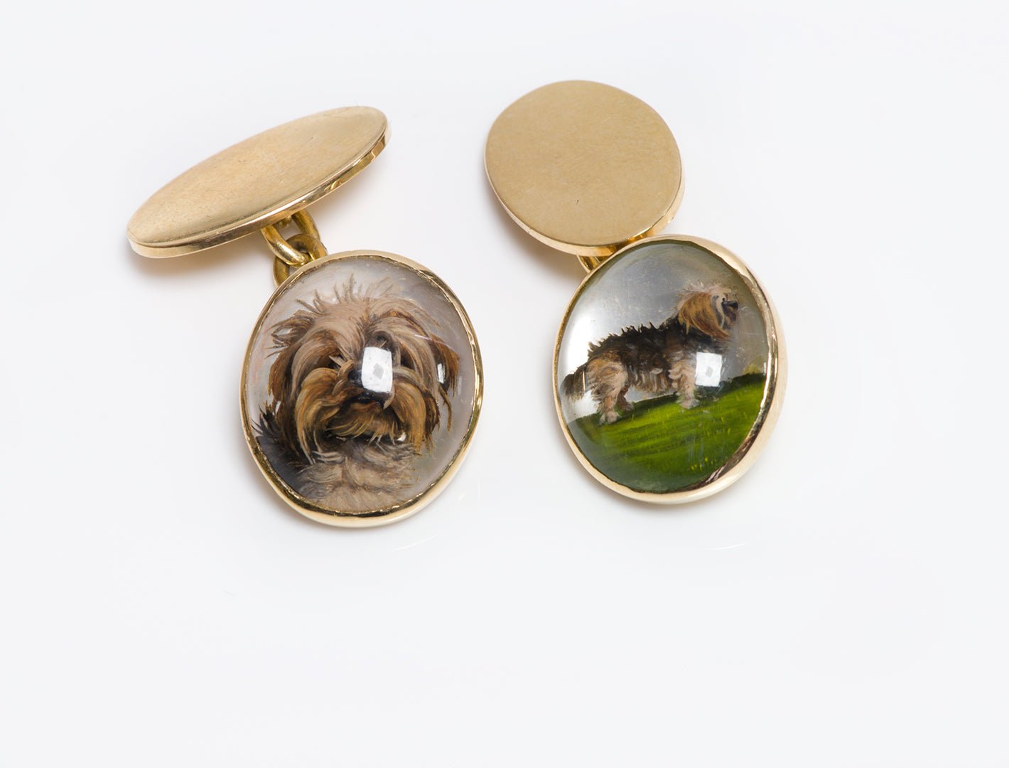 Antique 18K Gold Reverse Crystal Yorkshire Dog Cufflinks