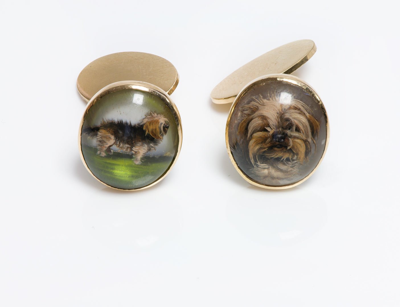 Antique 18K Gold Reverse Crystal Yorkshire Dog Cufflinks
