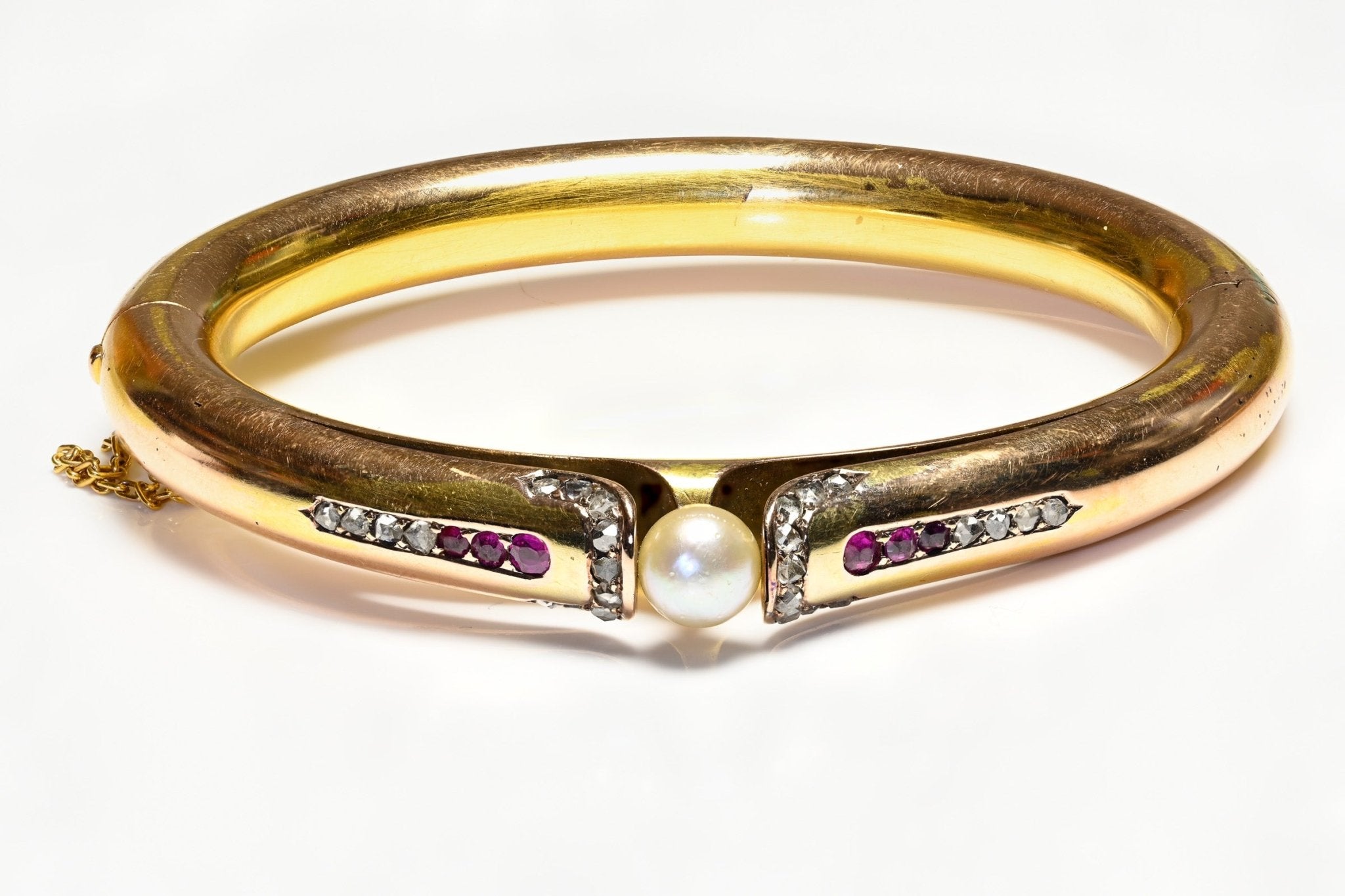 Antique 18K Gold Ruby Diamond Natural Pearl Bangle Bracelet
