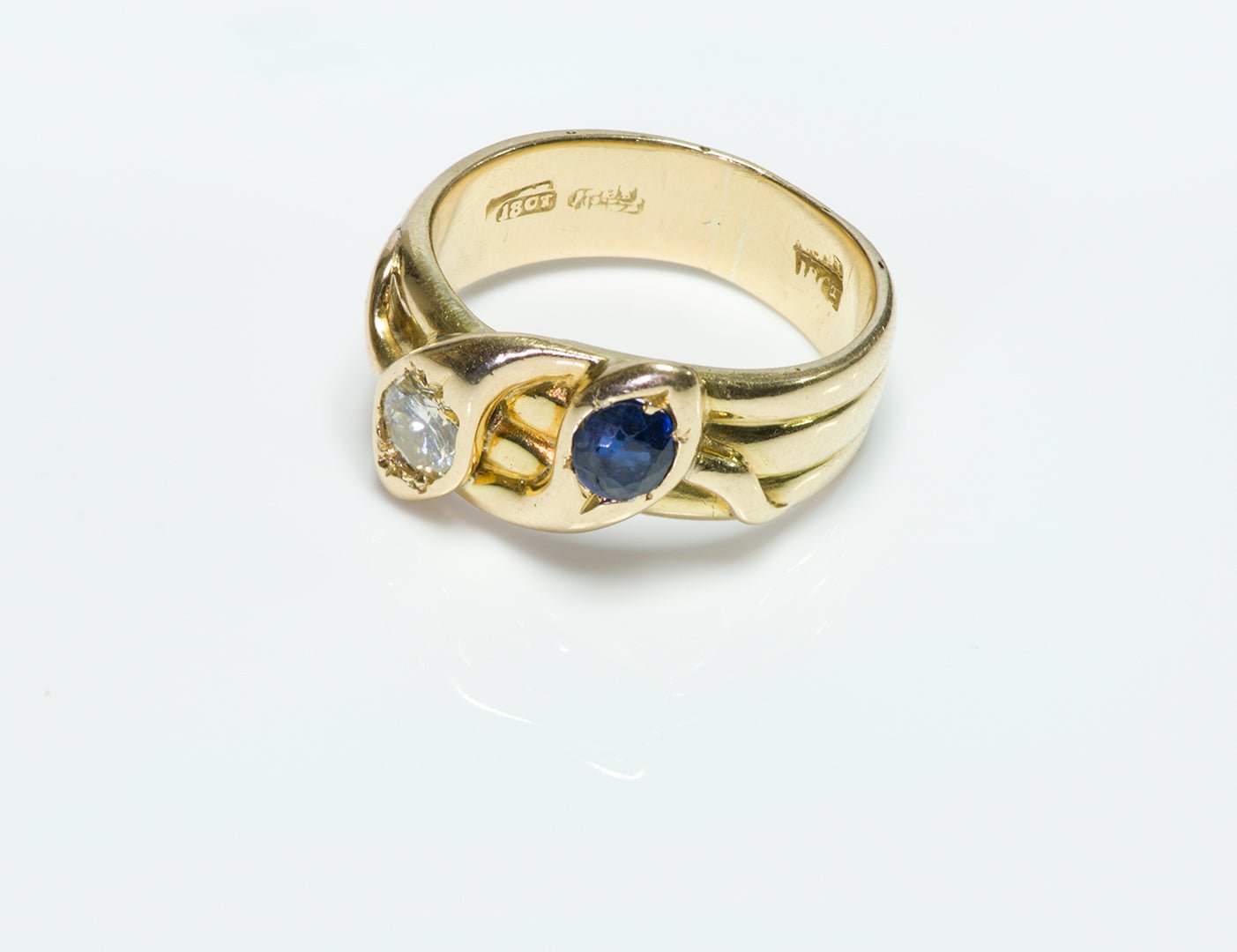 Antique 18K Yellow Gold Diamond and Sapphire Snake Ring