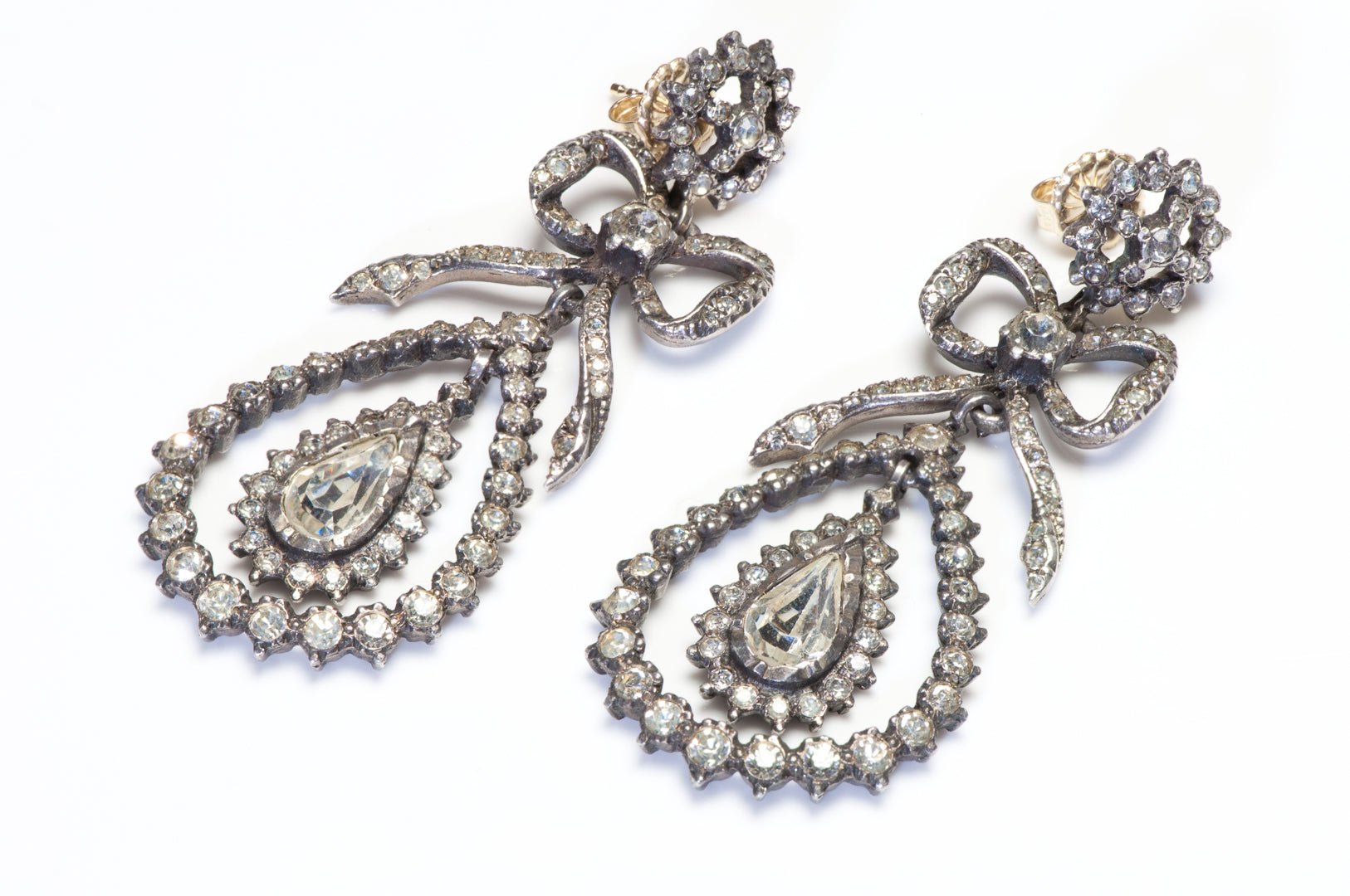 Antique 1900 Belle Époque Sterling Silver Paste Flower Bow Earrings