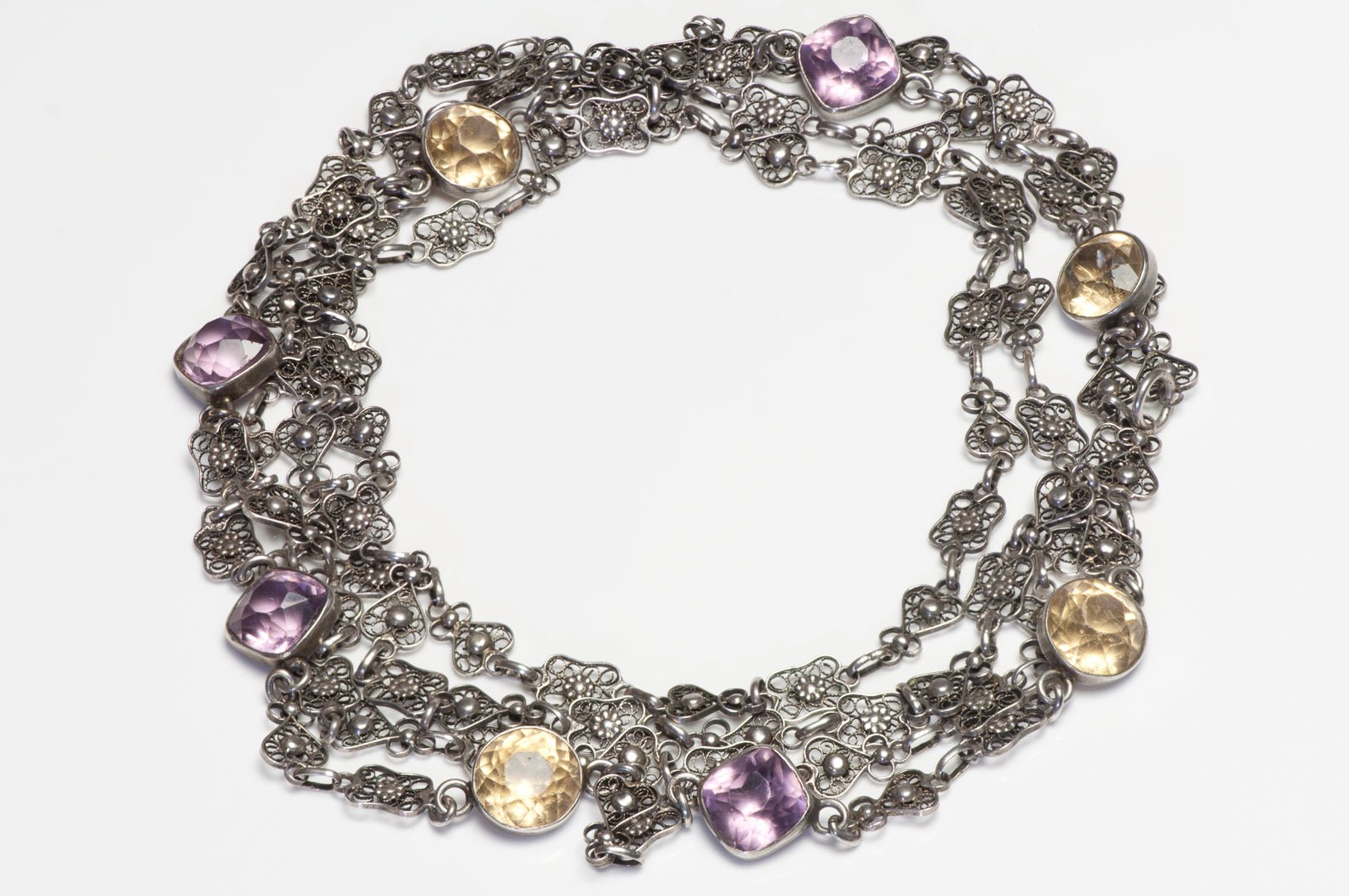 Antique 1900 Sterling Silver Pierced Chain Amethyst Citrine Sautoir Necklace