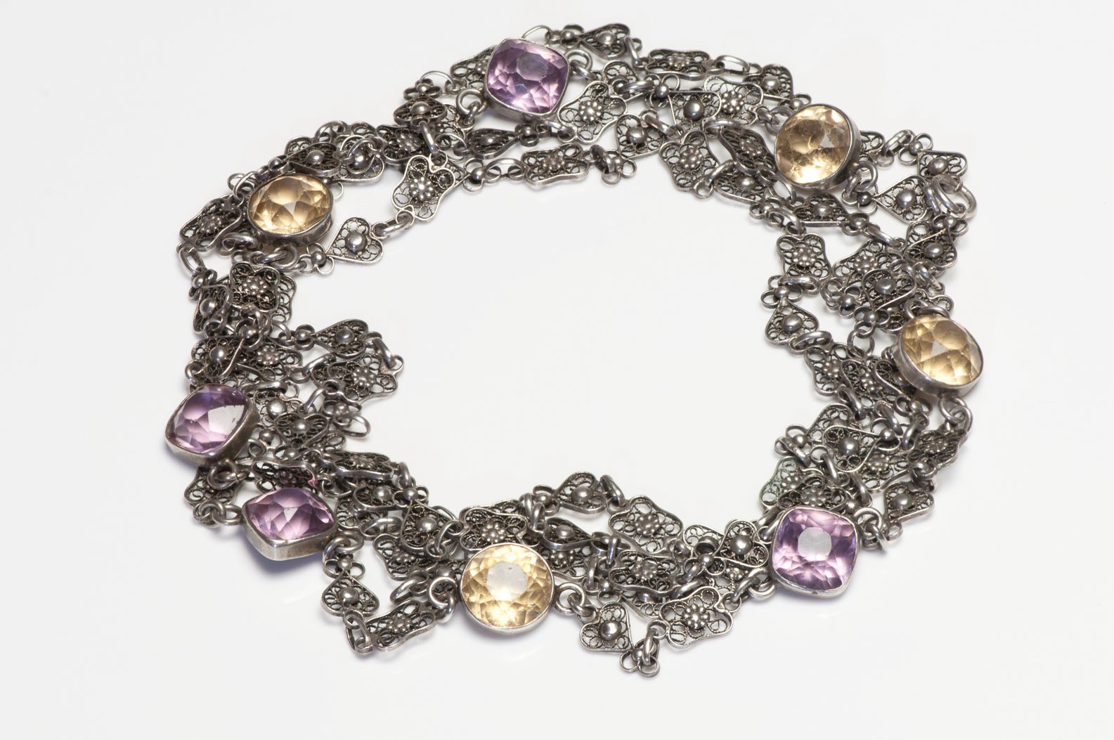 Antique 1900 Sterling Silver Pierced Chain Amethyst Citrine Sautoir Necklace