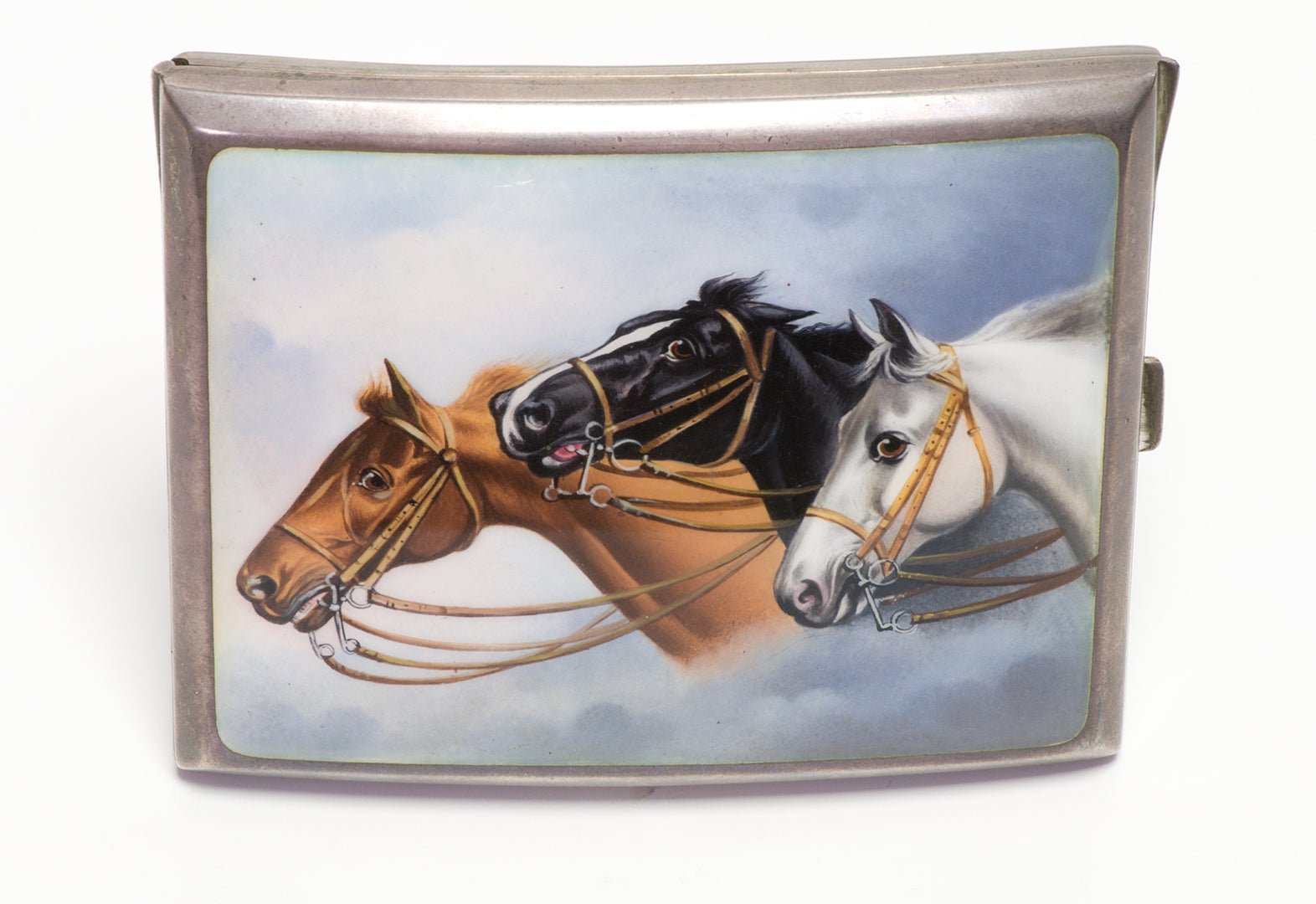 Antique 900 Silver Enamel 3 Horses Cigarette Case