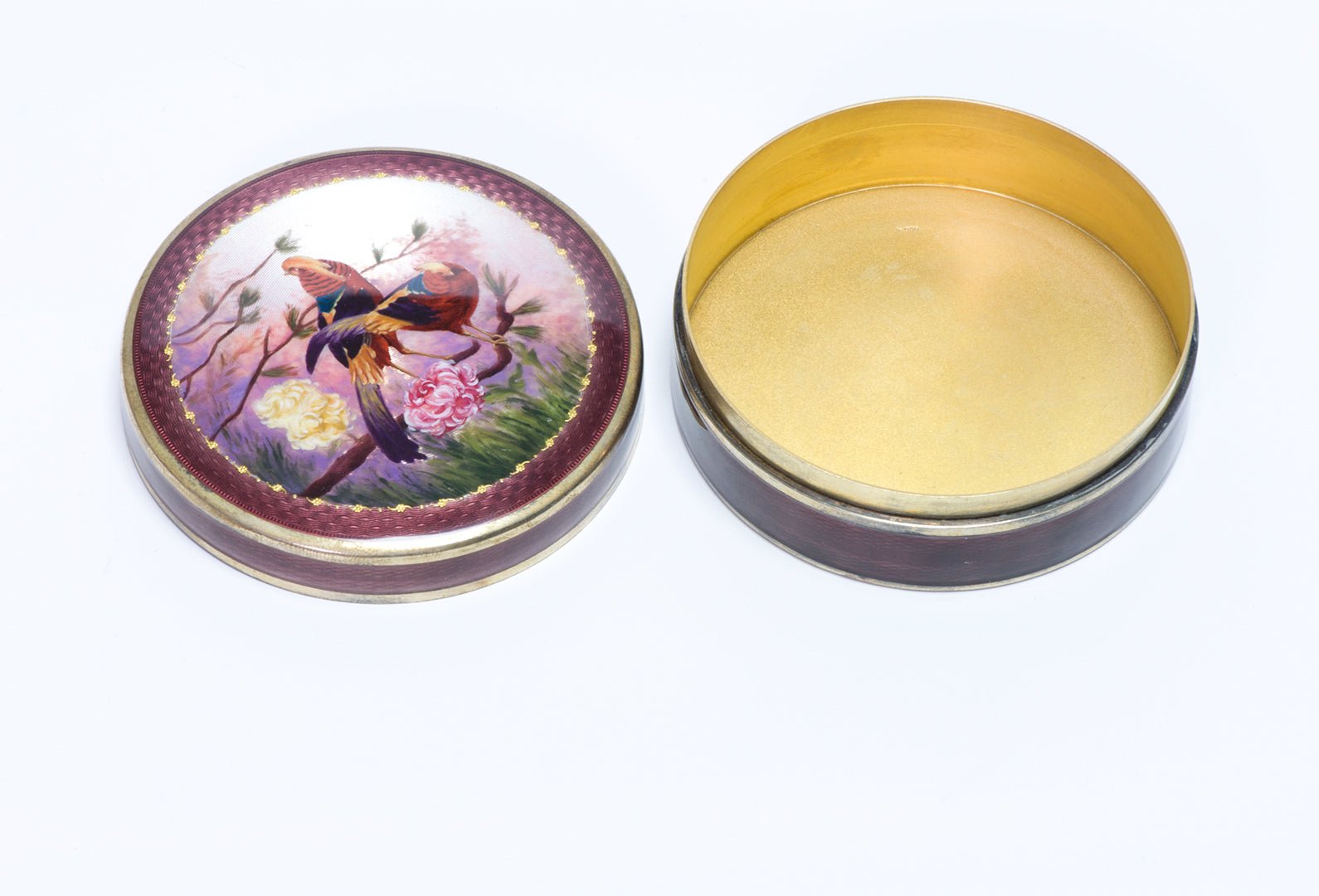 Antique 935 Silver Enamel Golden Pheasant Round Box