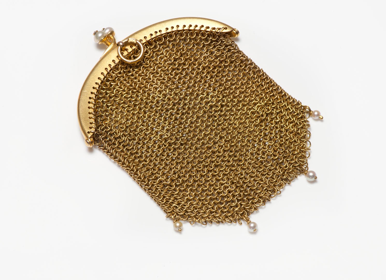 Antique 9K Gold Diamond Ruby Pearl Miniature Mesh Purse