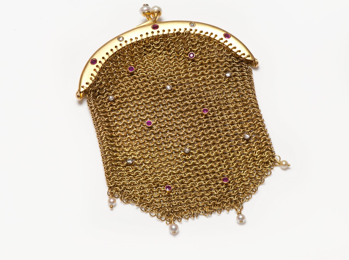 Antique 9K Gold Diamond Ruby Pearl Miniature Mesh Purse