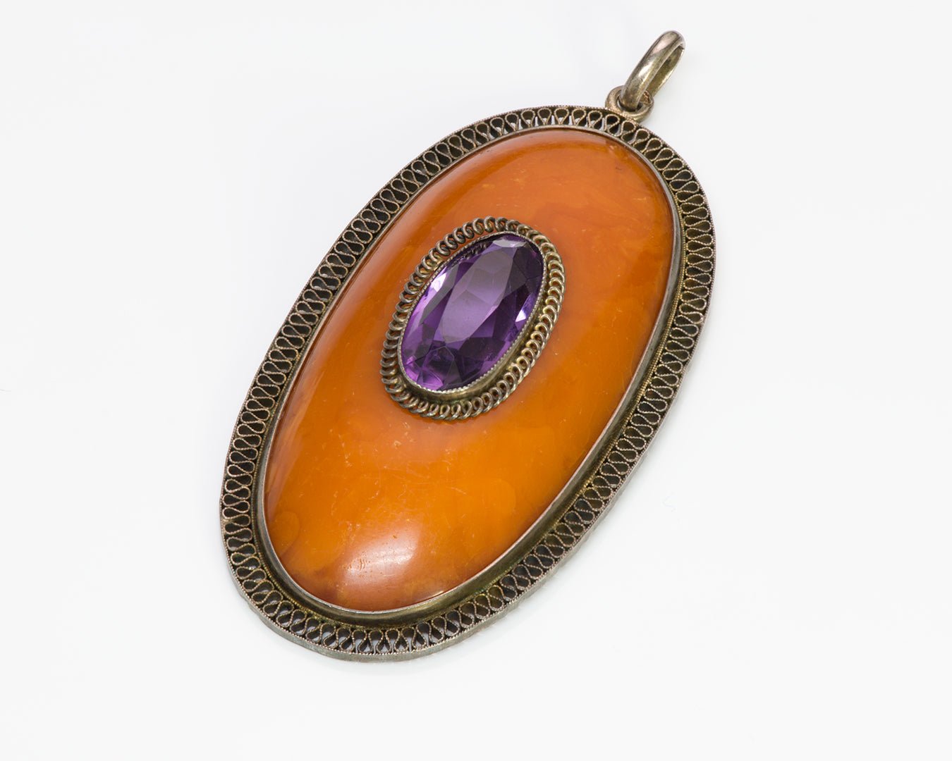 Antique Amber Amethyst Silver Pendant