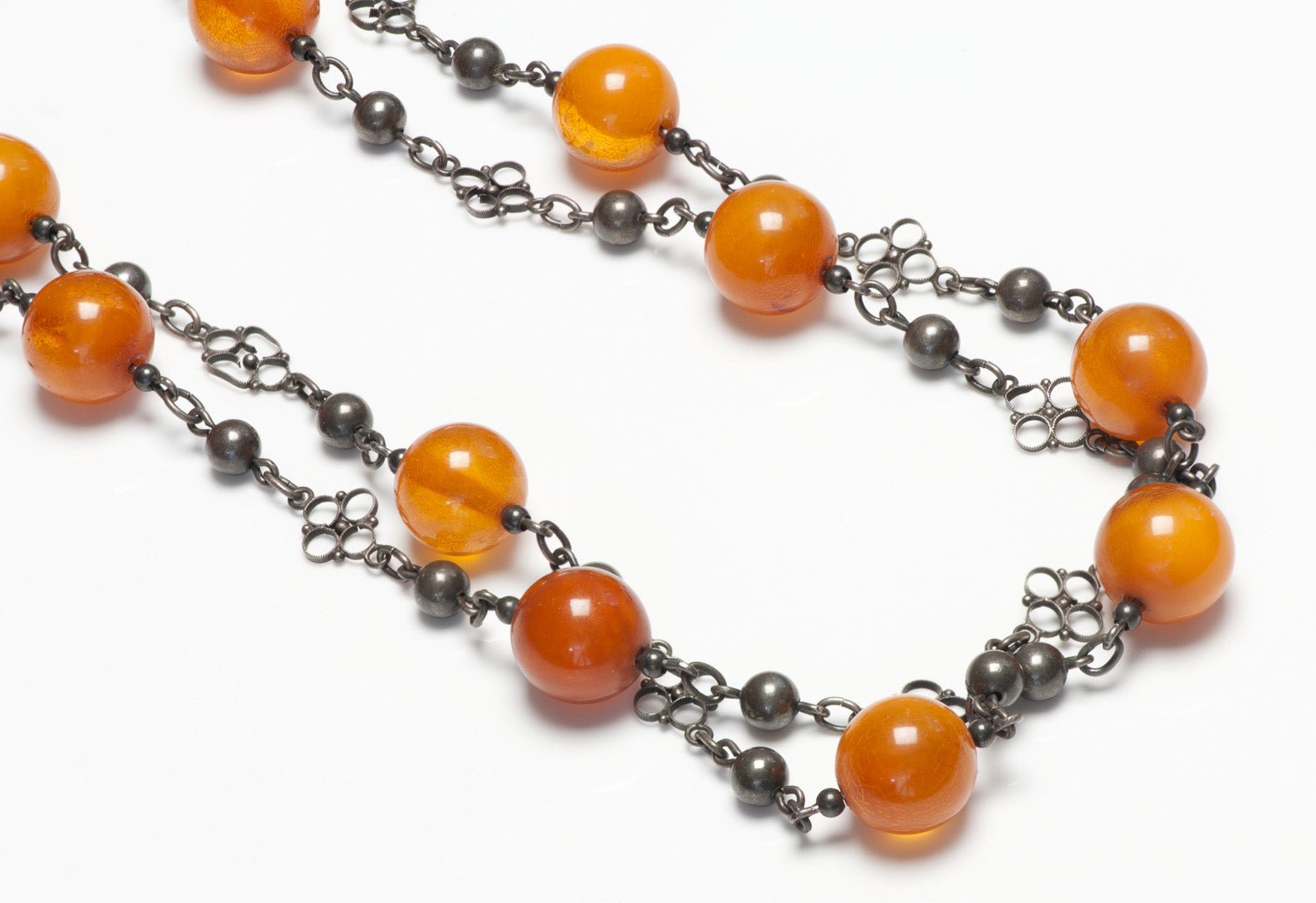 Antique Amber Bead Silver Chain Necklace
