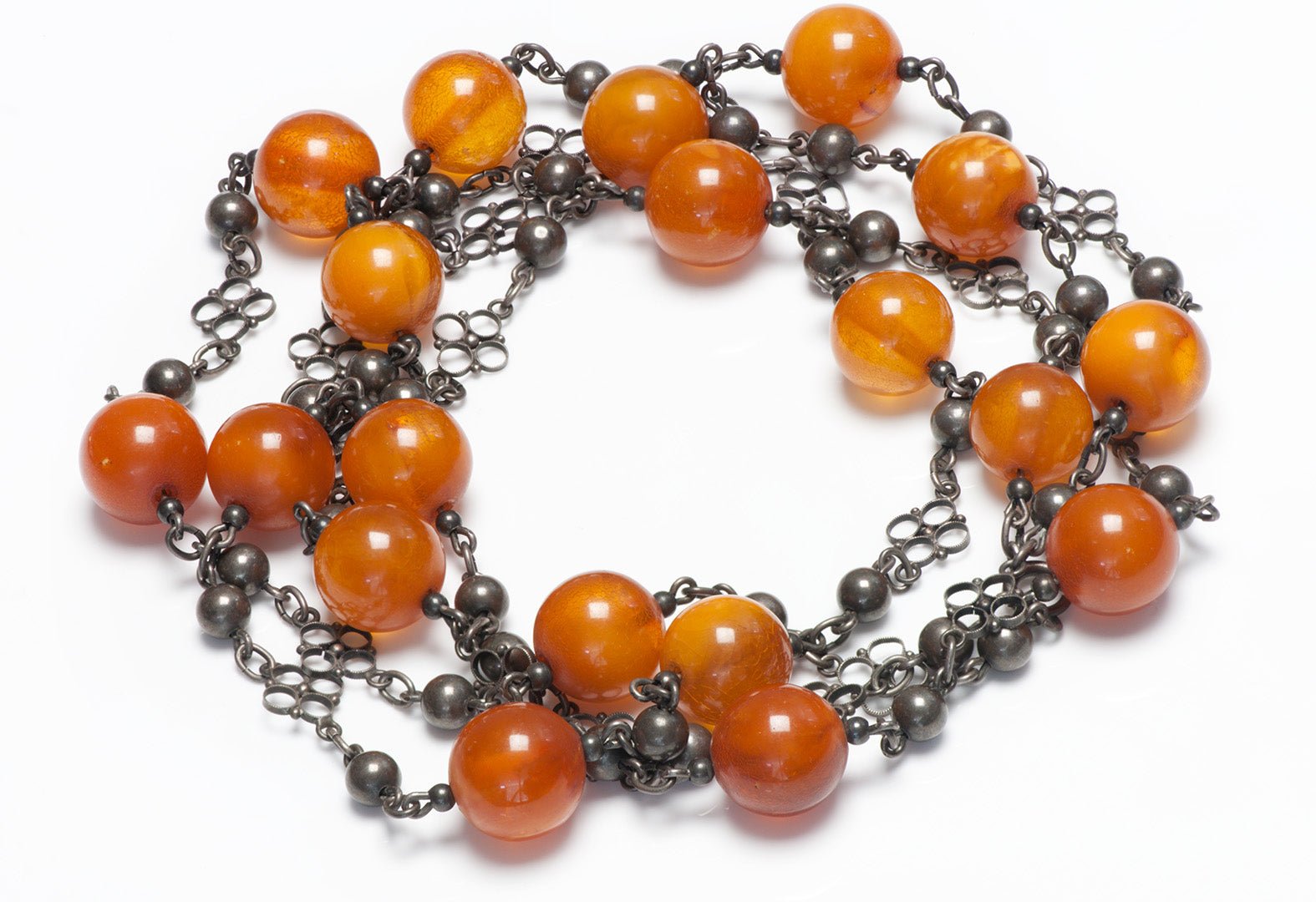 Antique Amber Bead Silver Chain Necklace