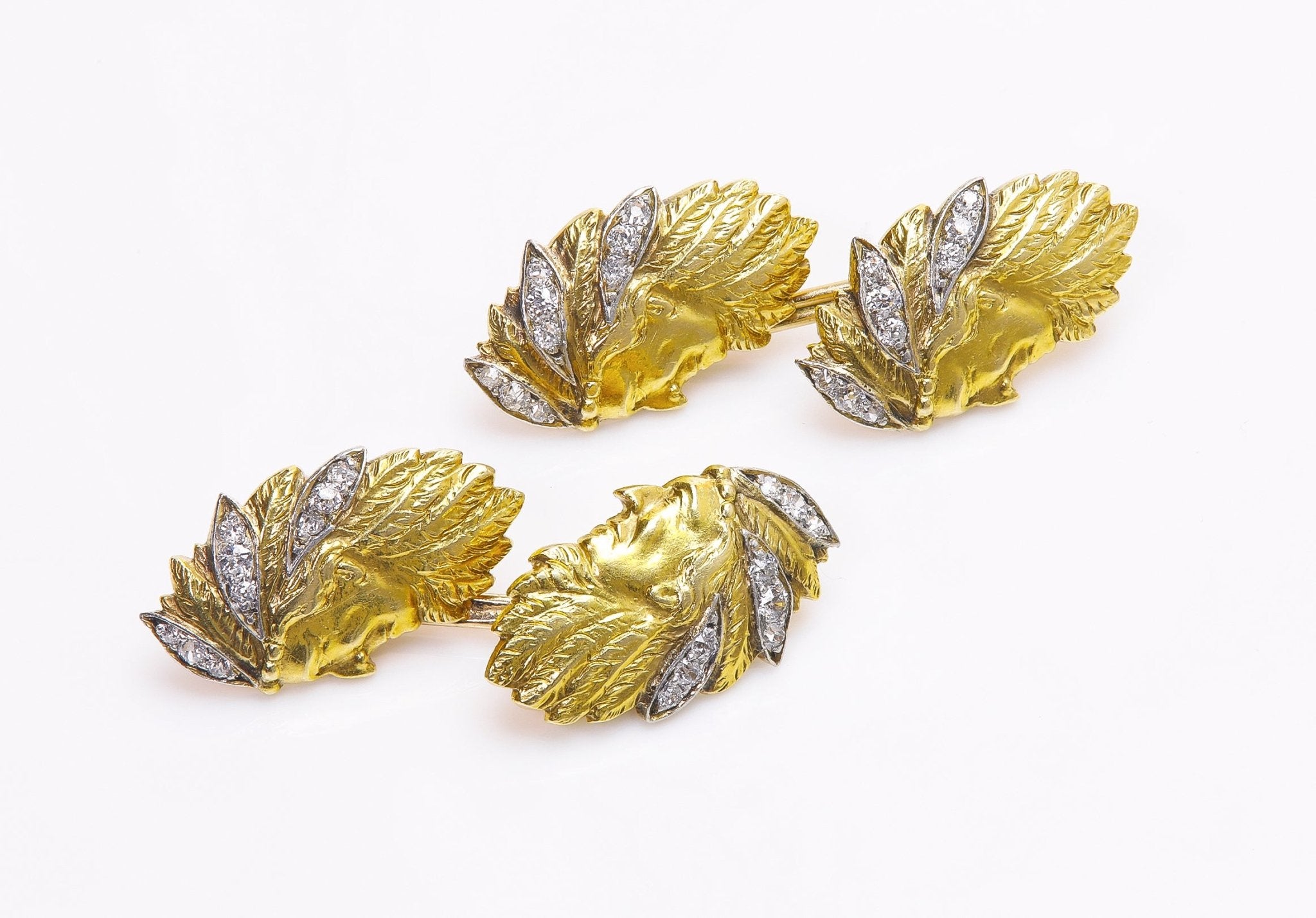 Antique American Indian Chief Gold Diamond Cufflinks