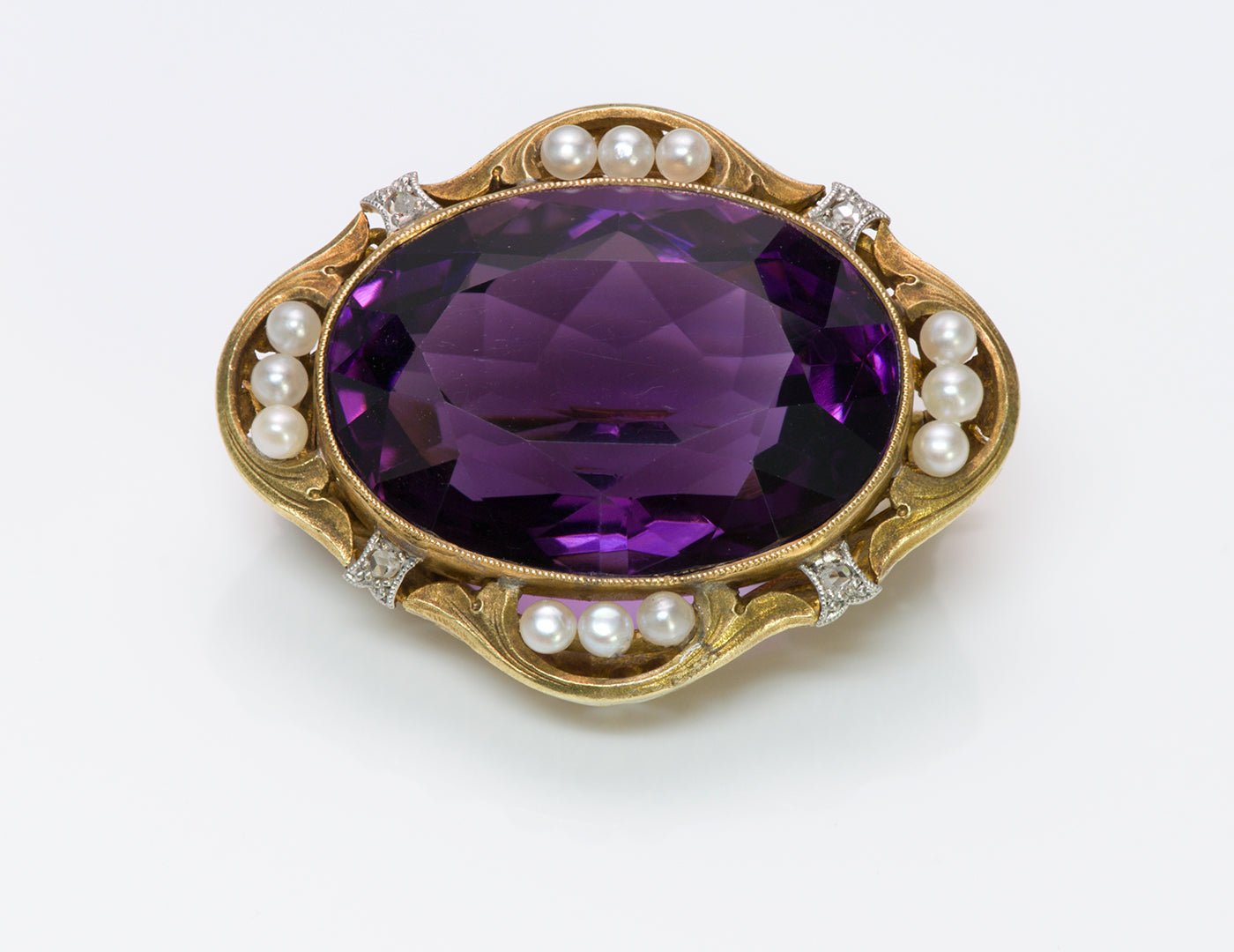 Antique Amethyst 18K Gold Pearl Diamond Brooch