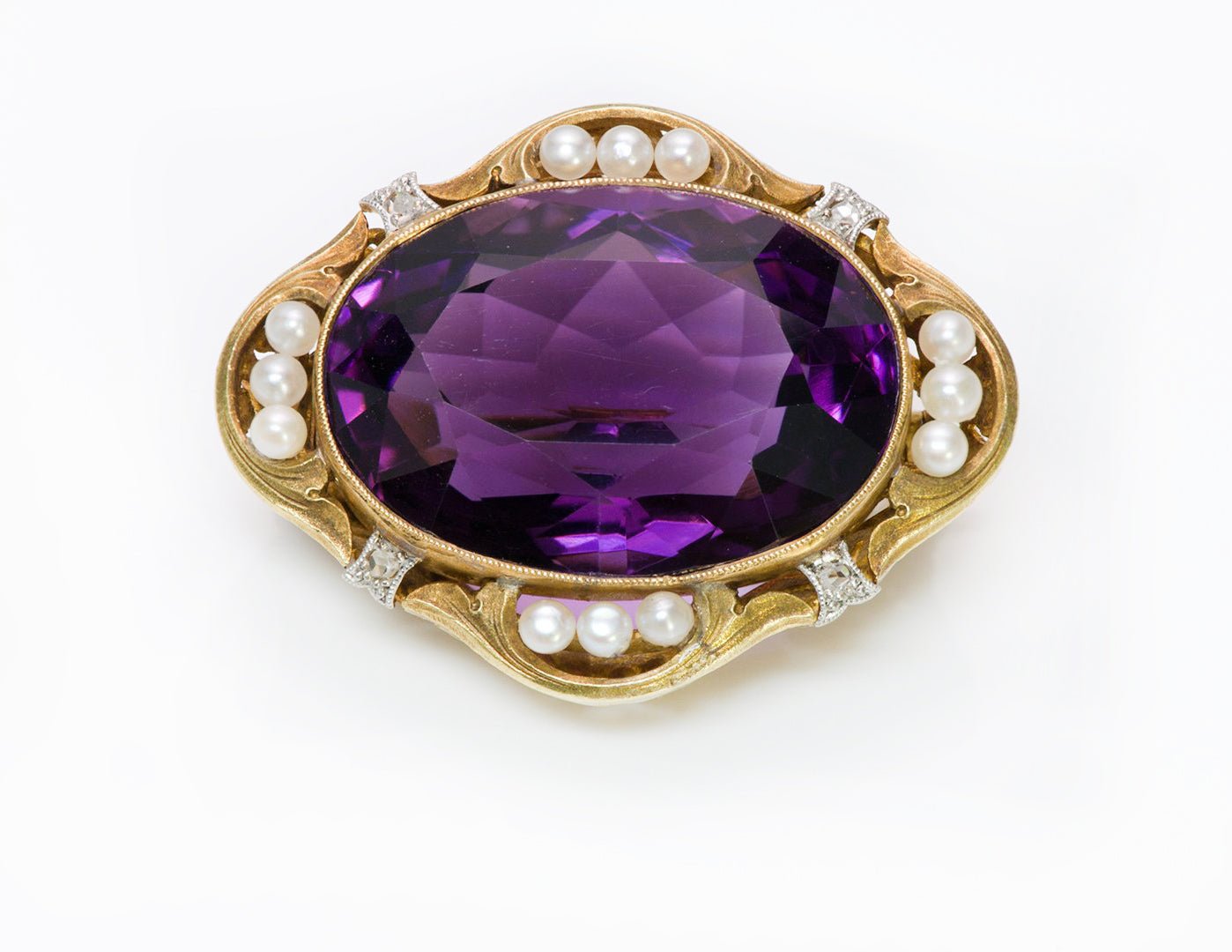 Antique Amethyst 18K Gold Pearl Diamond Brooch