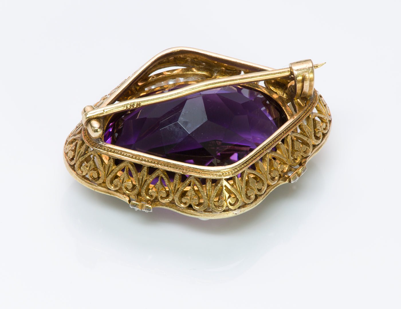 Antique Amethyst 18K Gold Pearl Diamond Brooch