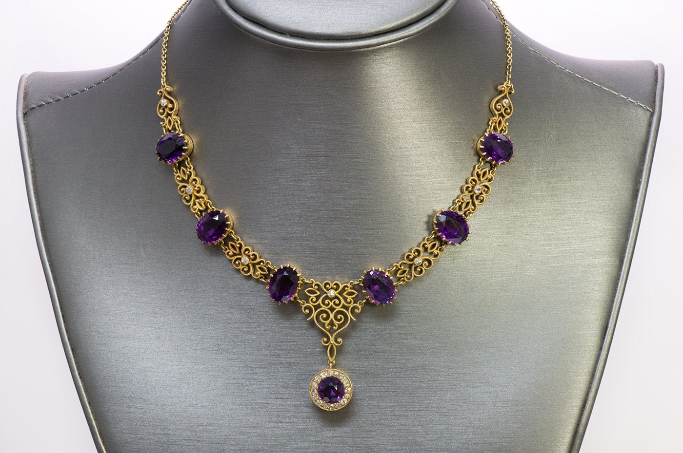 Antique Amethyst Diamond Gold Necklace