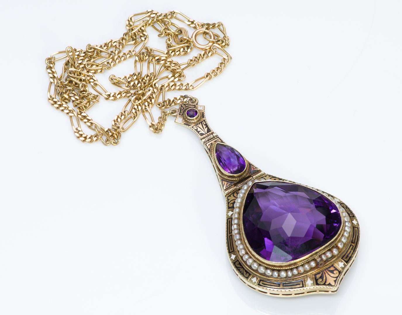 Antique Amethyst Seed Pearl Enamel Gold Pendant Necklace