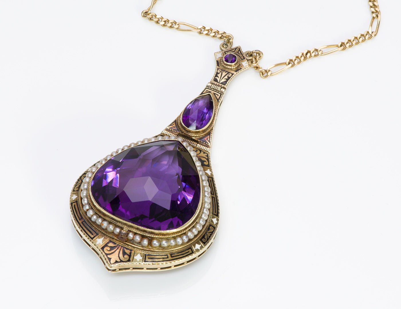 Antique Amethyst Seed Pearl Enamel Gold Pendant Necklace