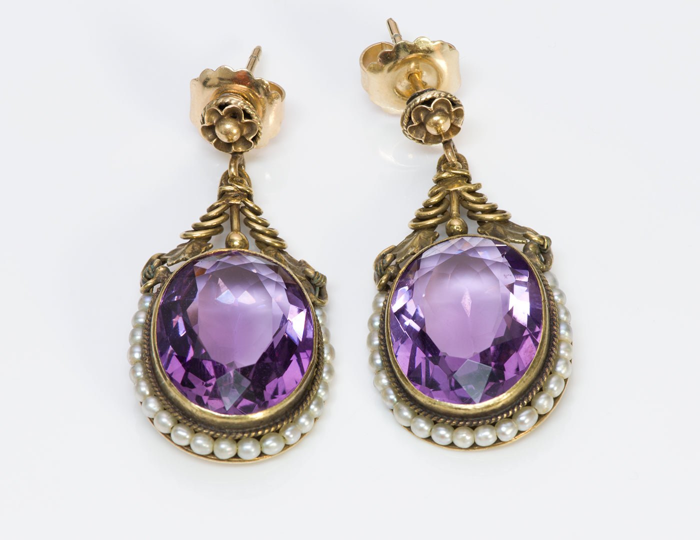 Antique Amethyst Seed Pearl Gold Earrings