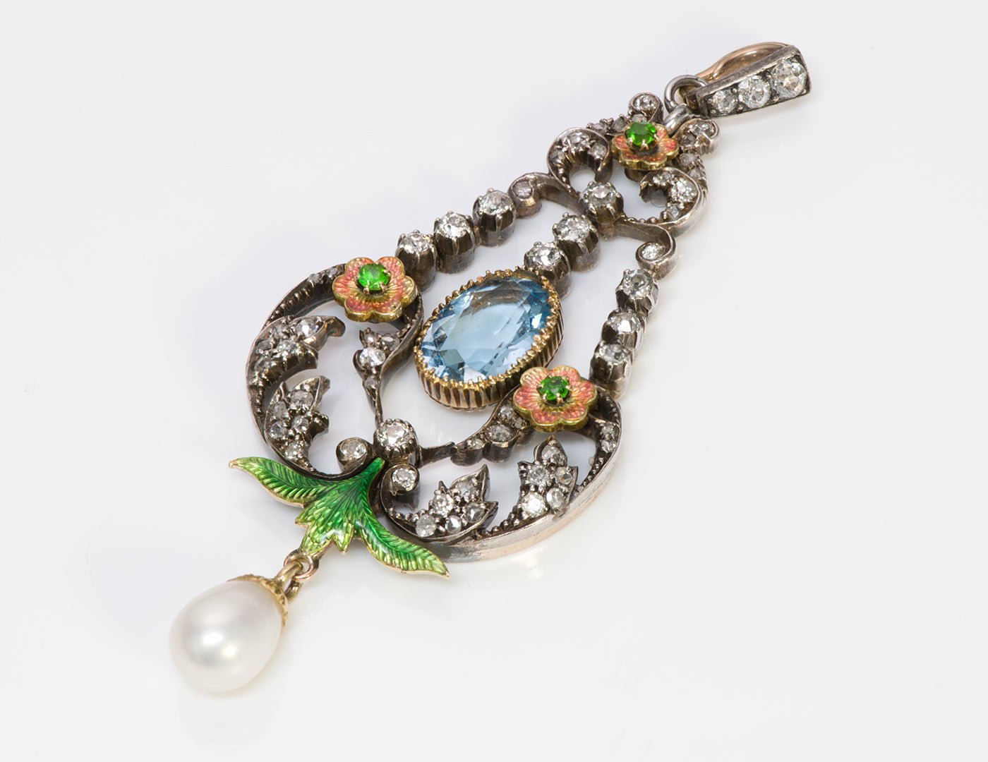 Antique Aquamarine Diamond Demantoid Enamel & Pearl Pendant