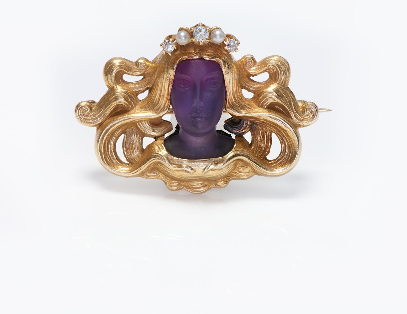 Antique Art Nouveau Gold Diamond Pearl Carved Amethyst Lady Brooch