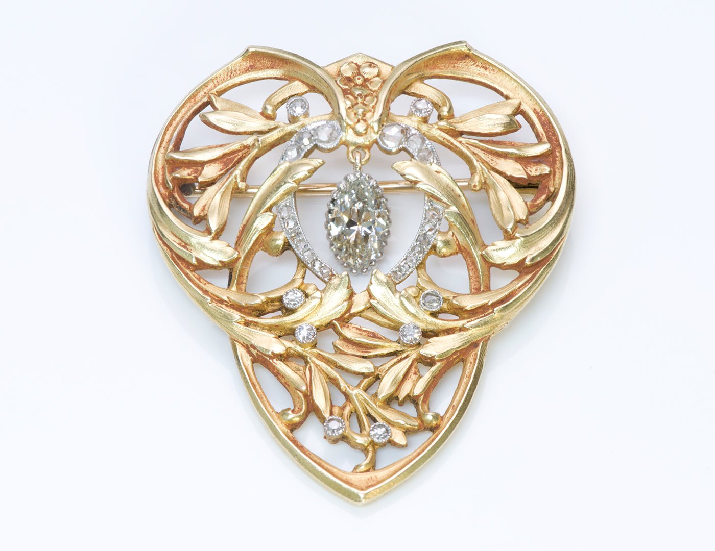 Antique Art Nouveau Marquise Diamond 18K Gold Brooch/Pendant