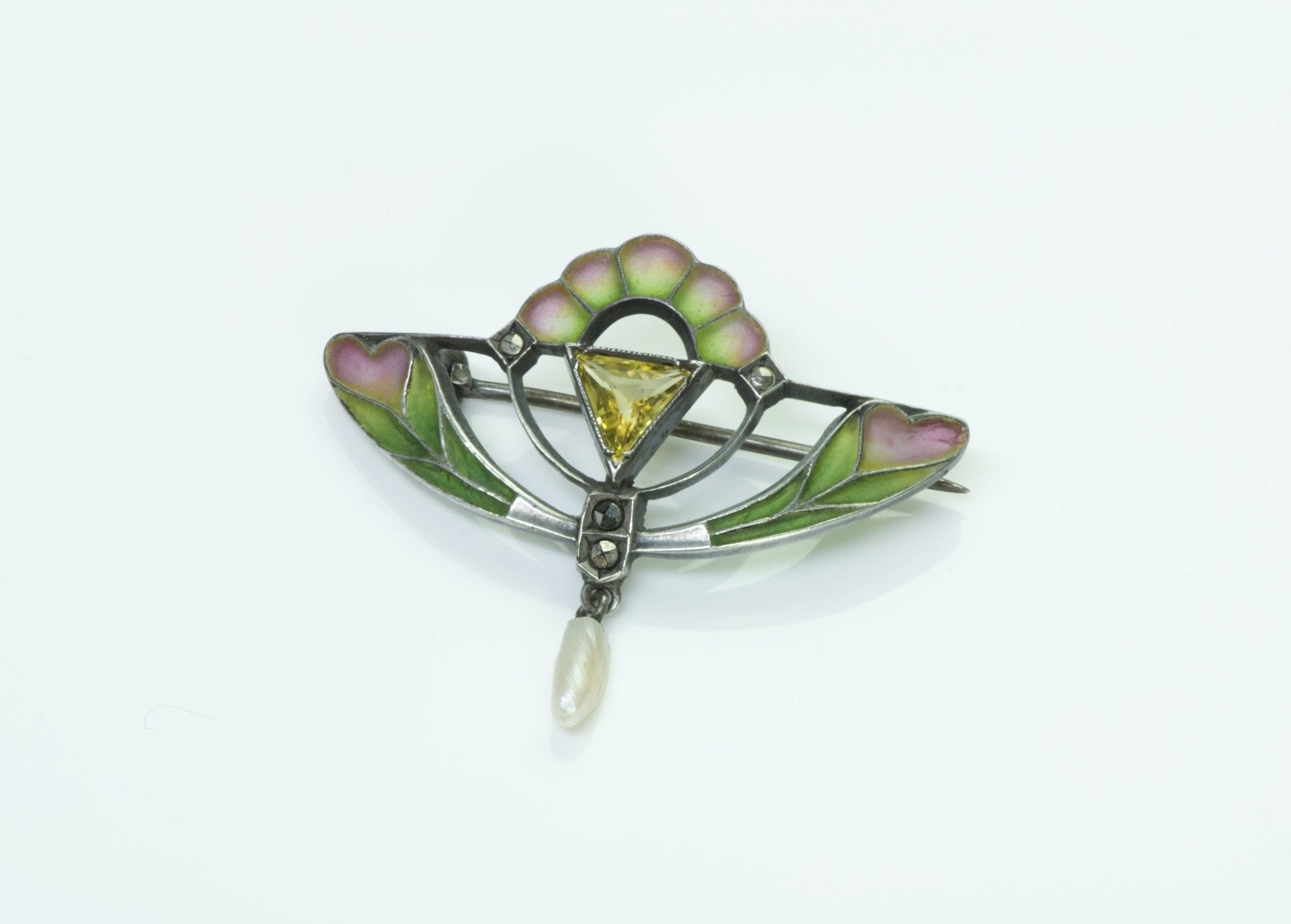 Antique Art Nouveau Plique A Jour Silver Pearl Brooch