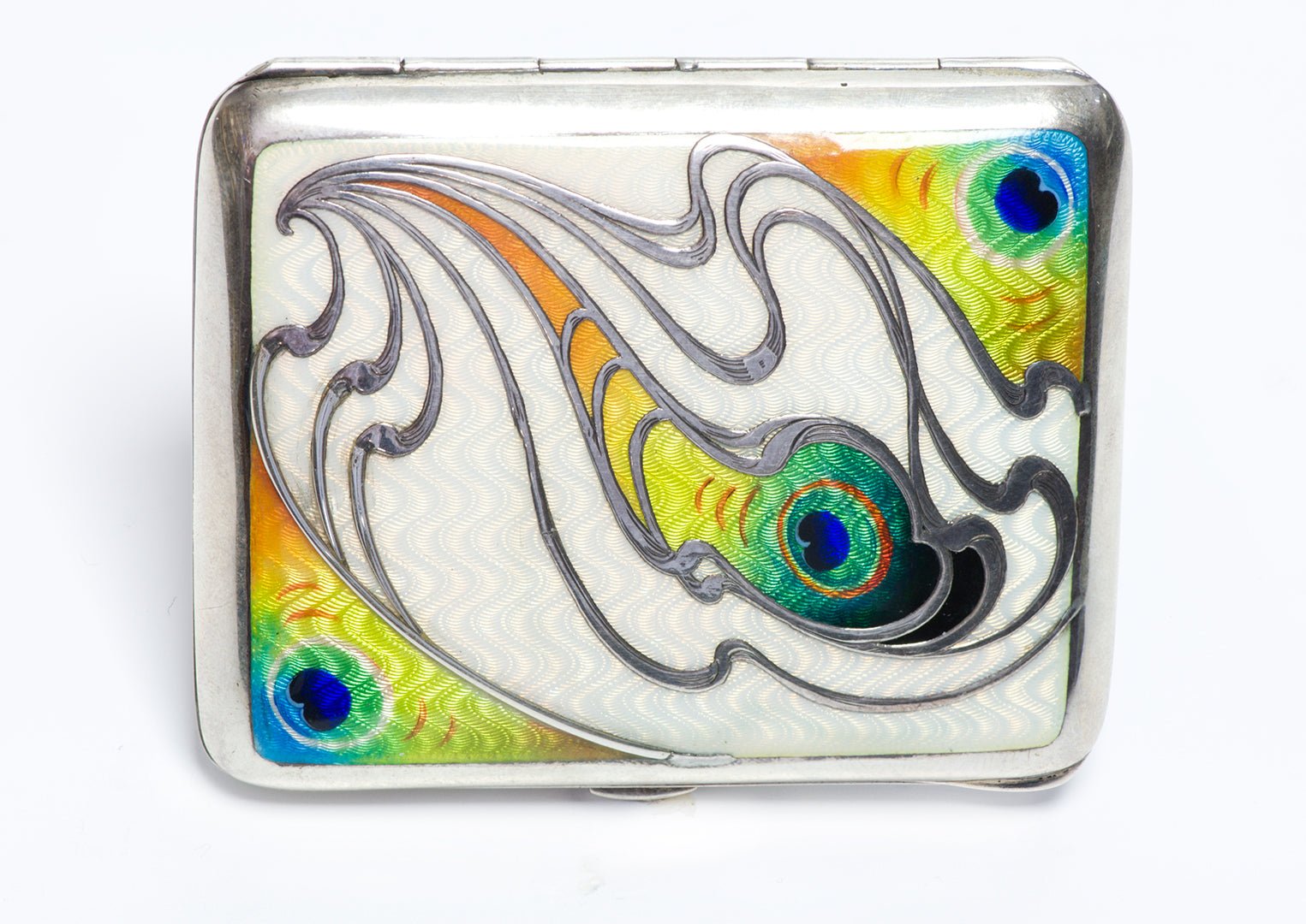 Antique Art Nouveau Sterling Enamel Peacock Pattern Cigarette Case