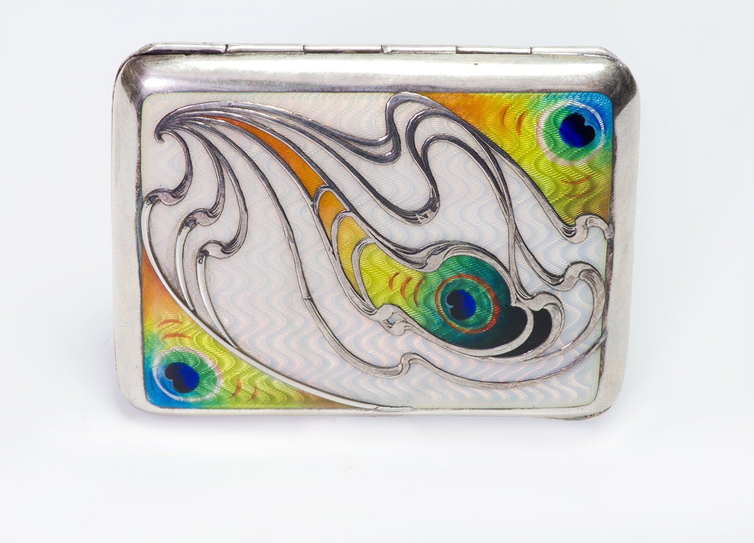 Antique Art Nouveau Sterling Enamel Peacock Pattern Cigarette Case