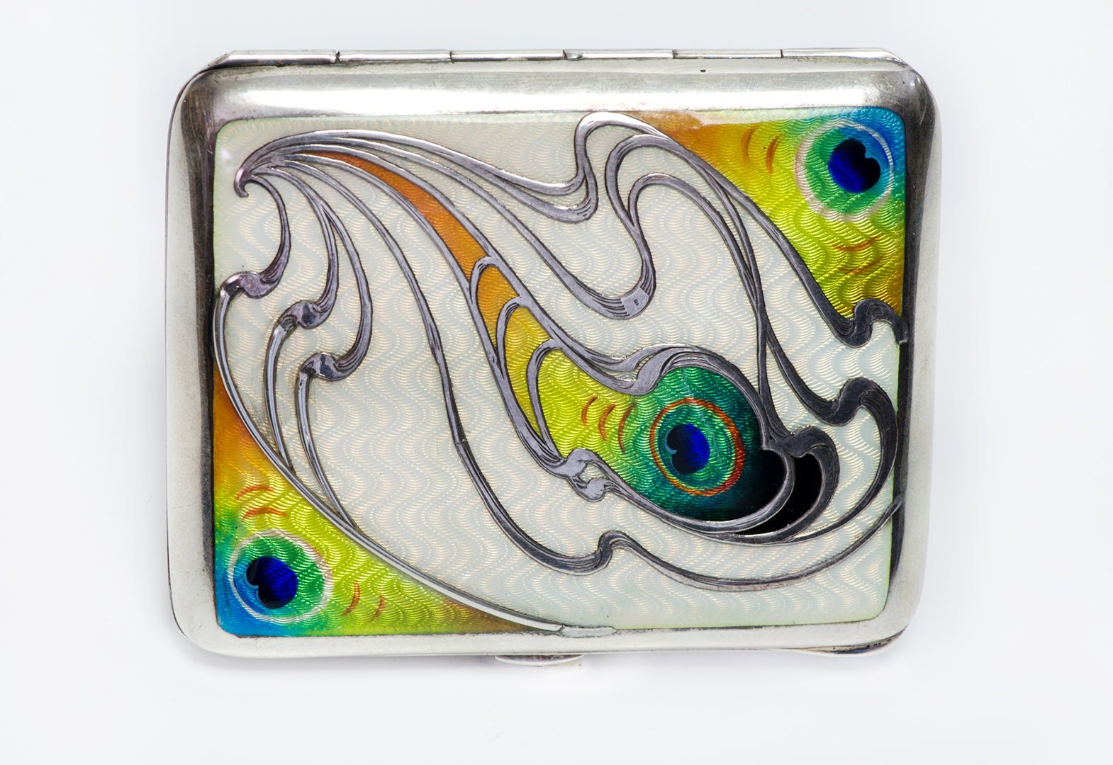 Antique Art Nouveau Sterling Enamel Peacock Pattern Cigarette Case