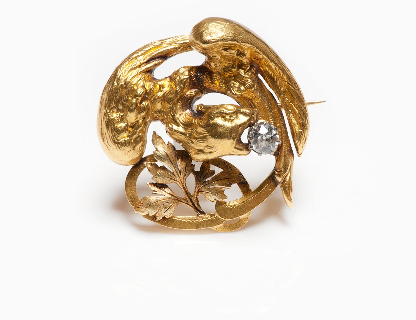 Antique Art Nouveau Yellow Gold & Diamond Griffin Brooch