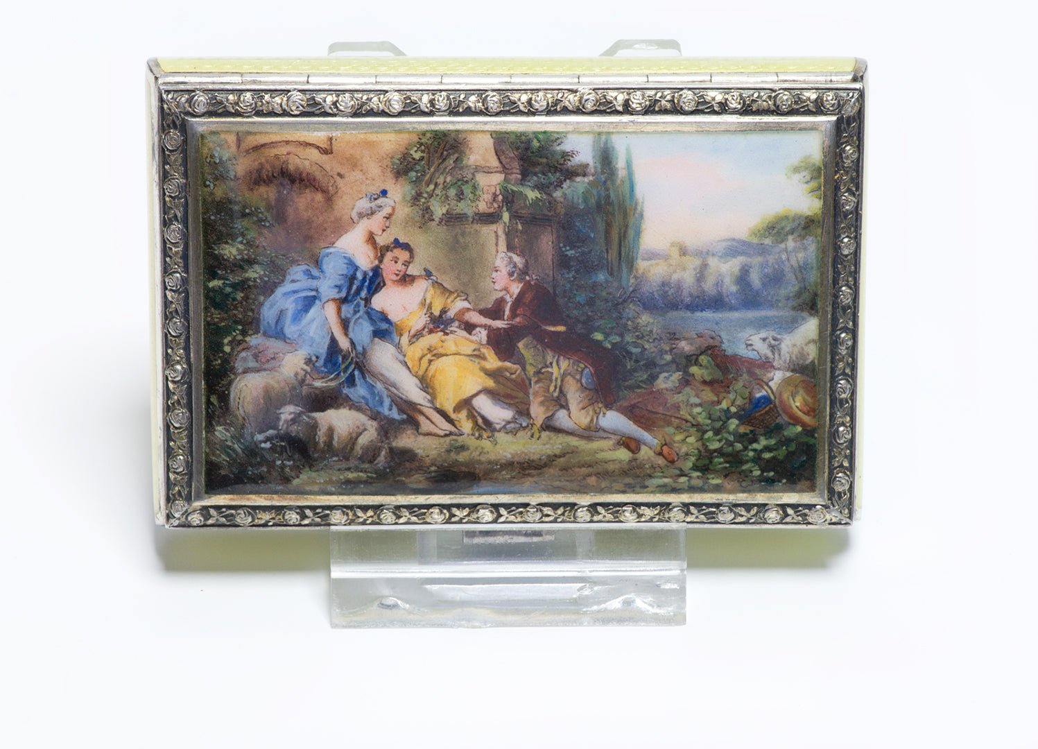 Antique Austrian Guilloche Enamel 935 Gilt Silver Romantic Scene Box