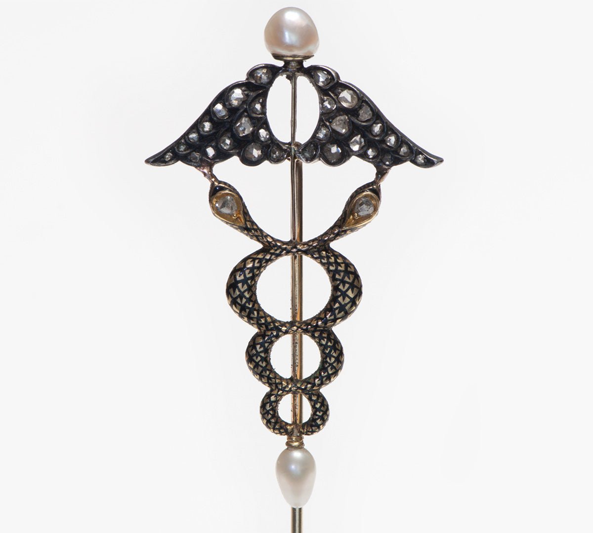 Antique Caduceus Gold Silver Diamond Pearl Enamel Stick Pin