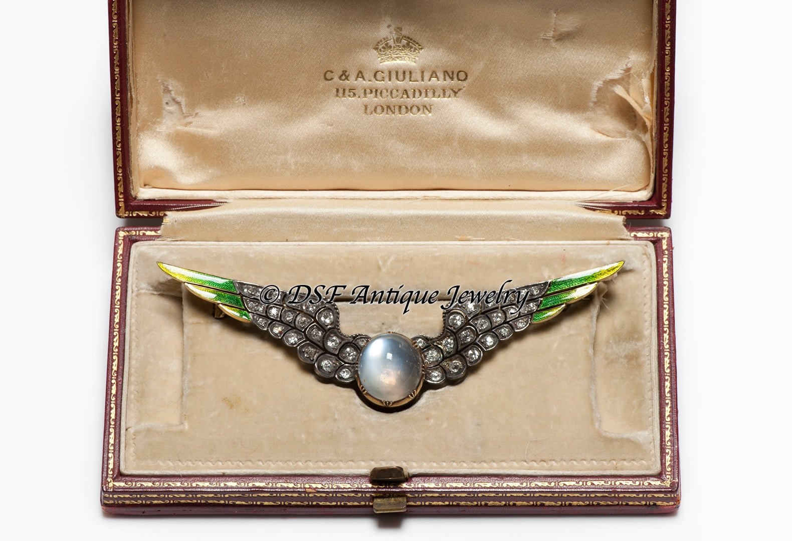Antique Carlo Giuliano Diamond Moonstone Enamel Wings Brooch