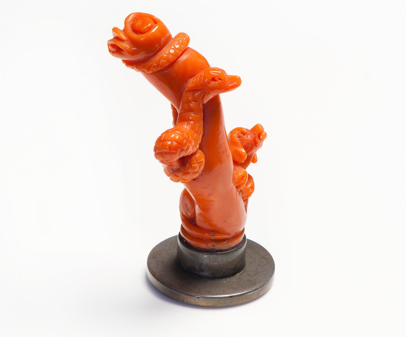 Antique Carved Coral & Silver Dog & Snake Figural Seal