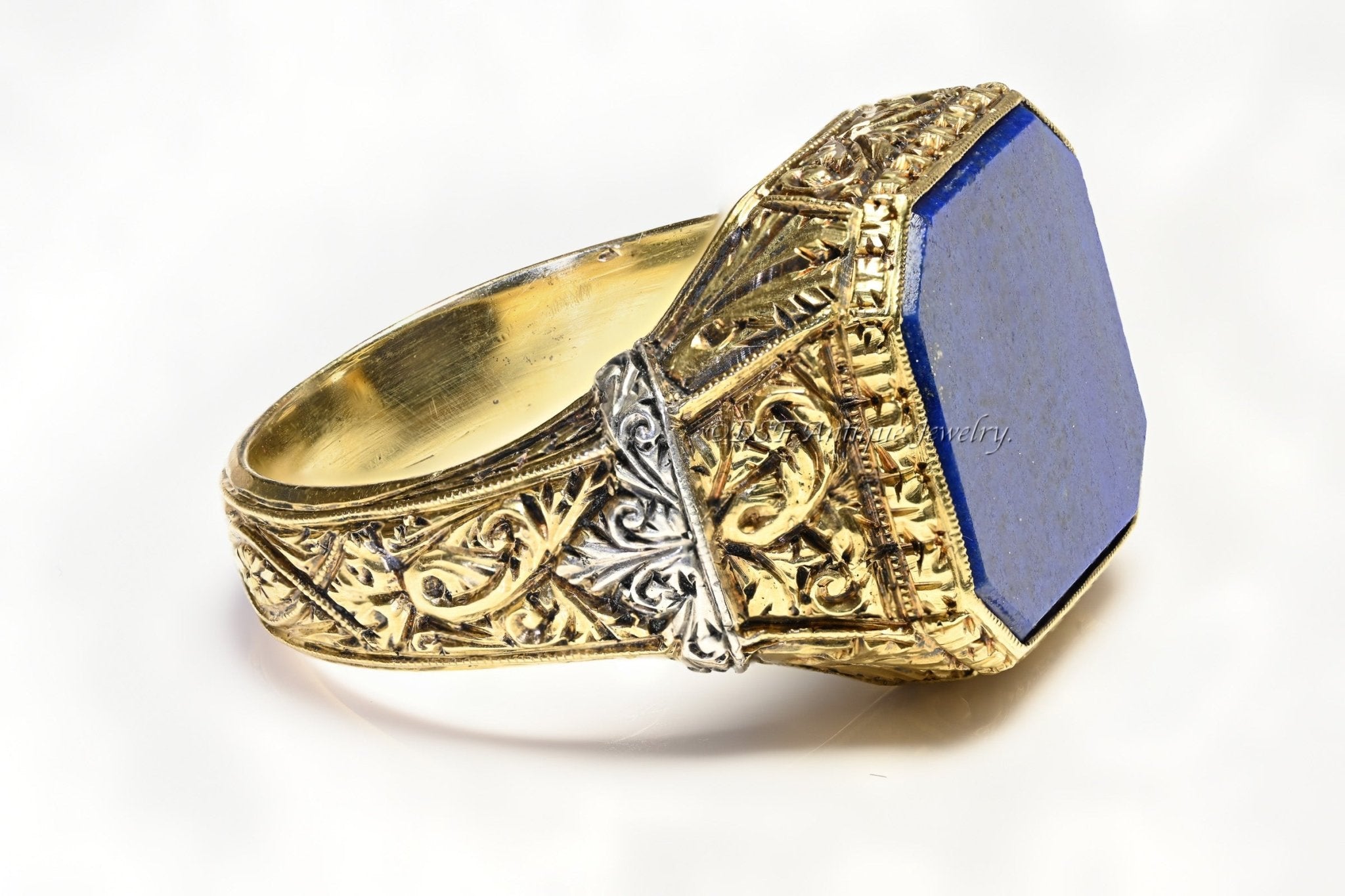 Antique Carved Gold Platinum Lapis Men's Ring