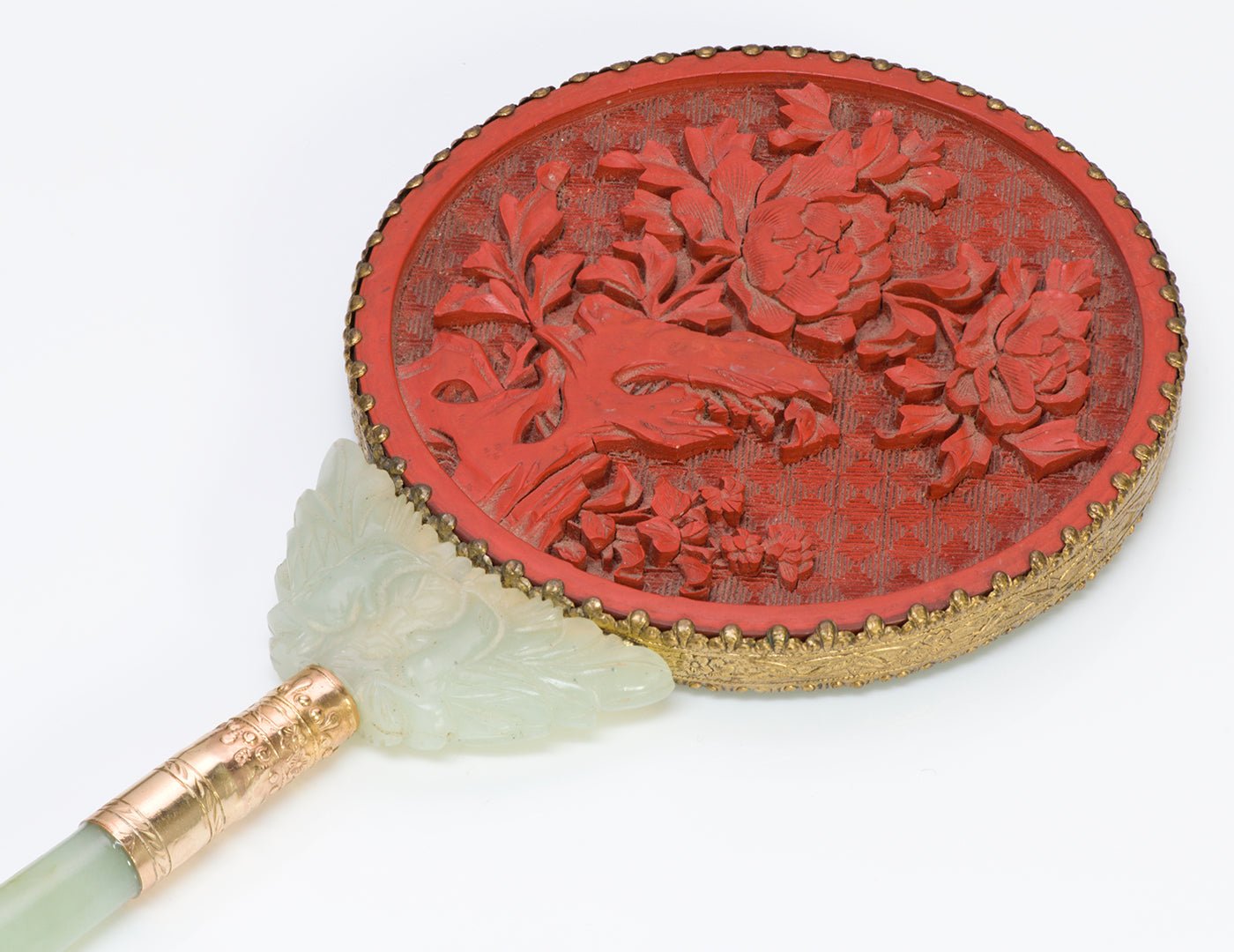 Antique Chinese Cinnabar Jade Large Hand Mirror Qing Dynasty