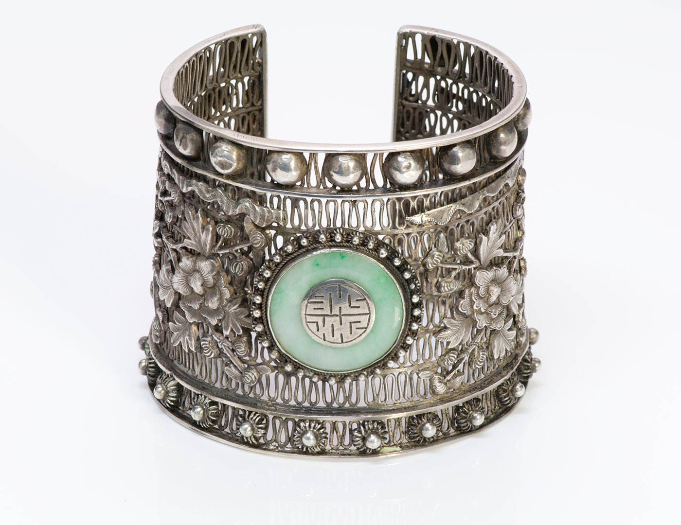 Antique Chinese Jade Filigree Silver Cuff Bracelet