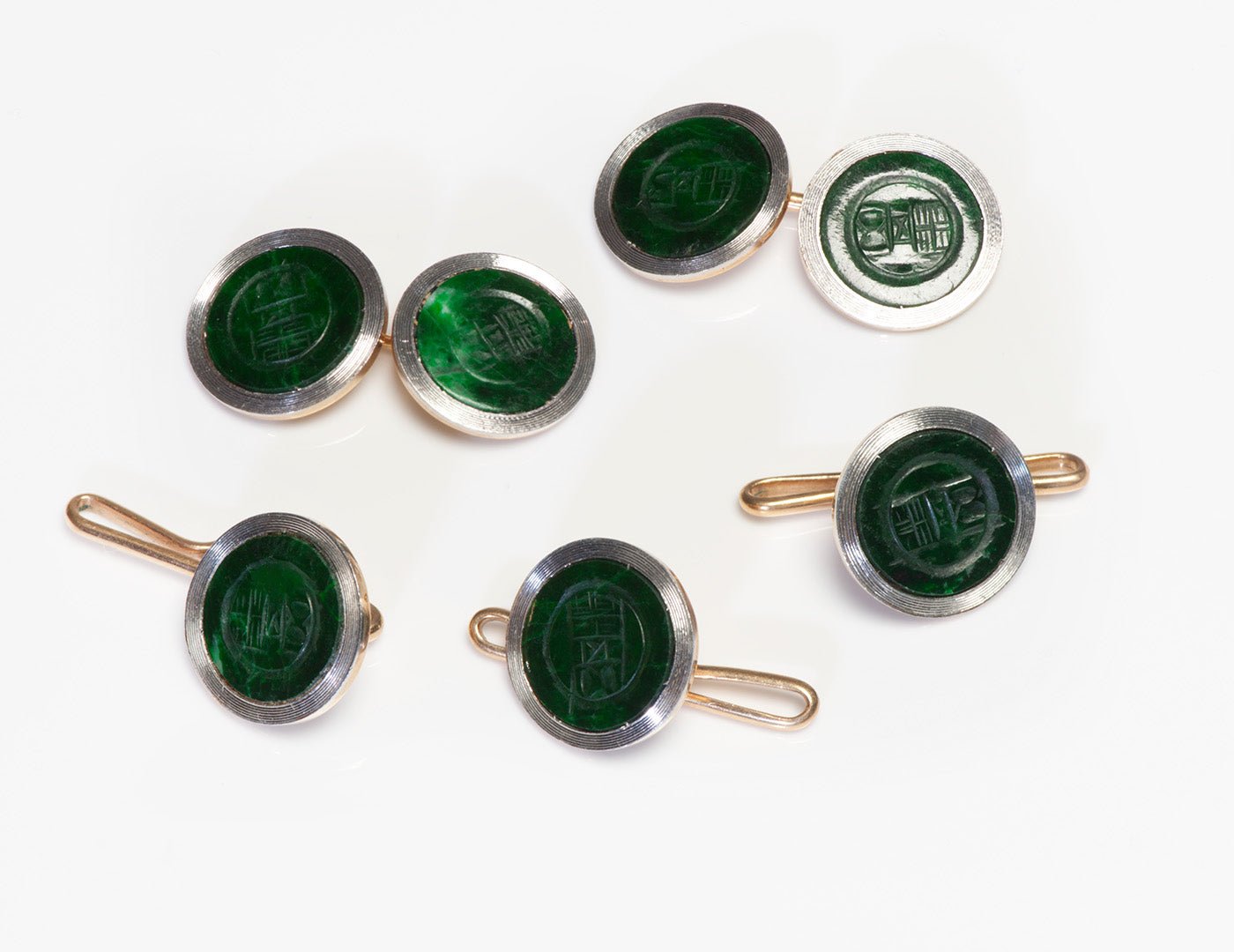 Antique Chinese Jade Gold Platinum Cufflink Stud Set