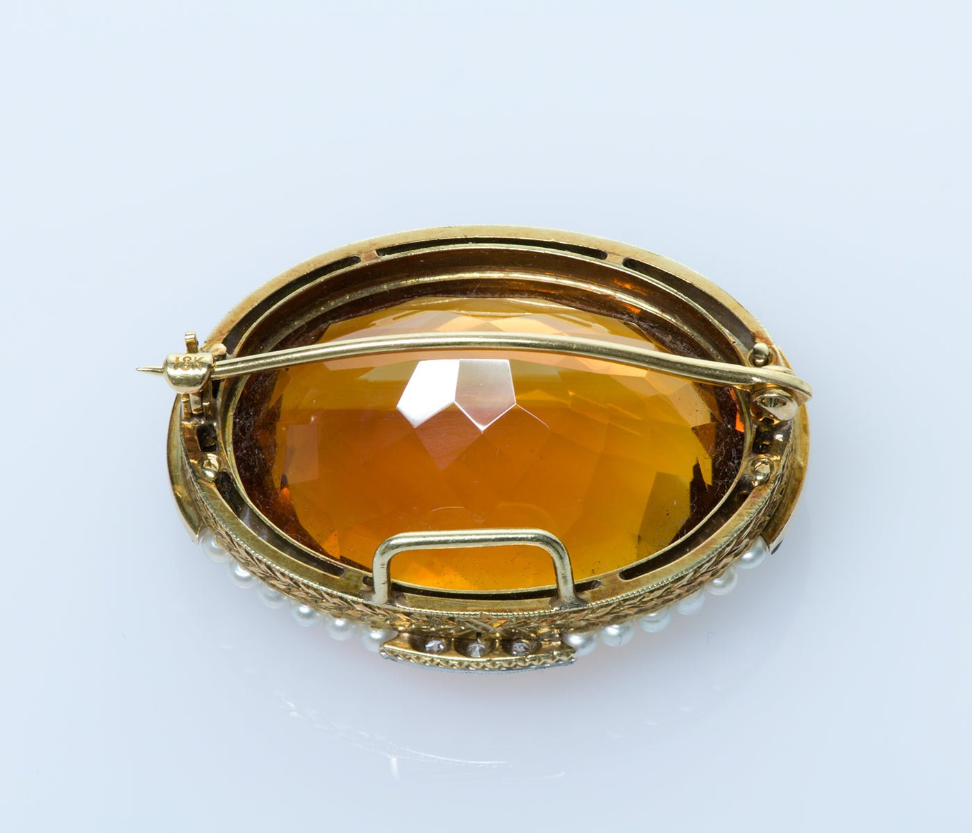 Antique Citrine Gold Diamond Pearl Enamel Brooch