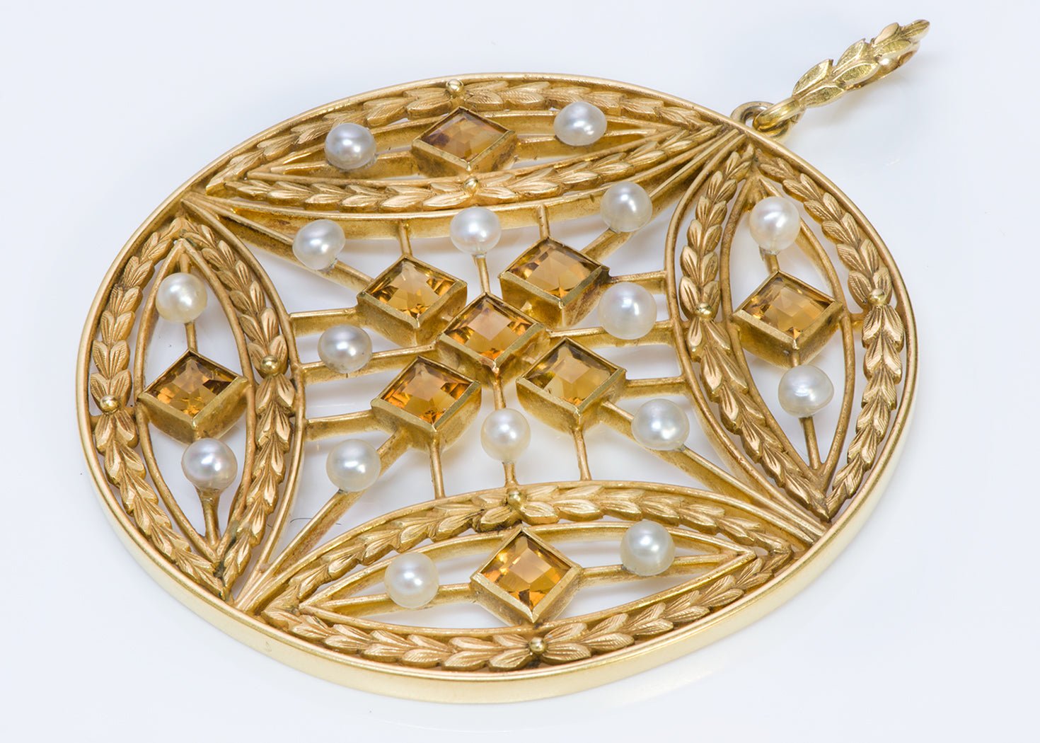Antique Citrine Pearl Gold Pendant Necklace