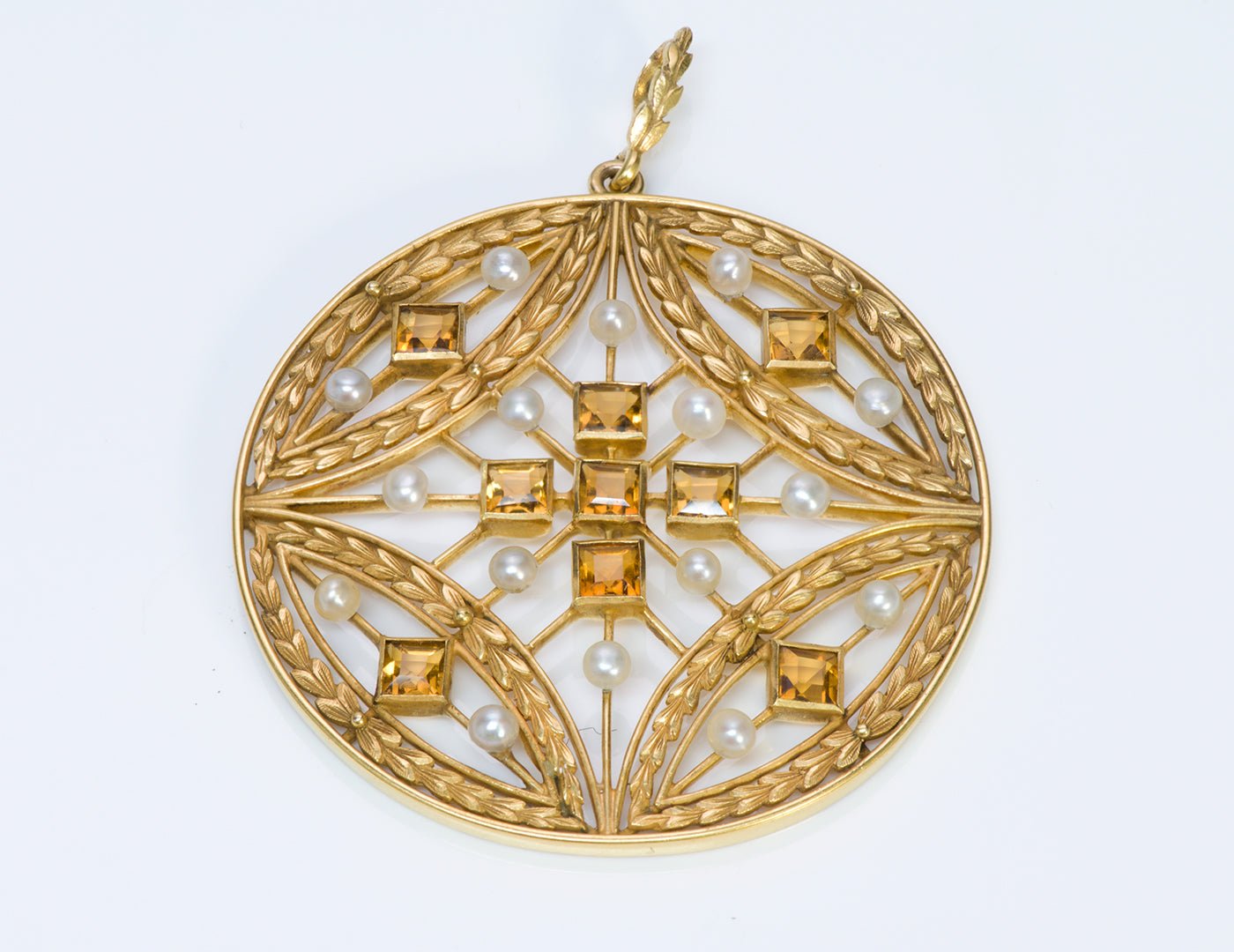 Antique Citrine Pearl Gold Pendant Necklace