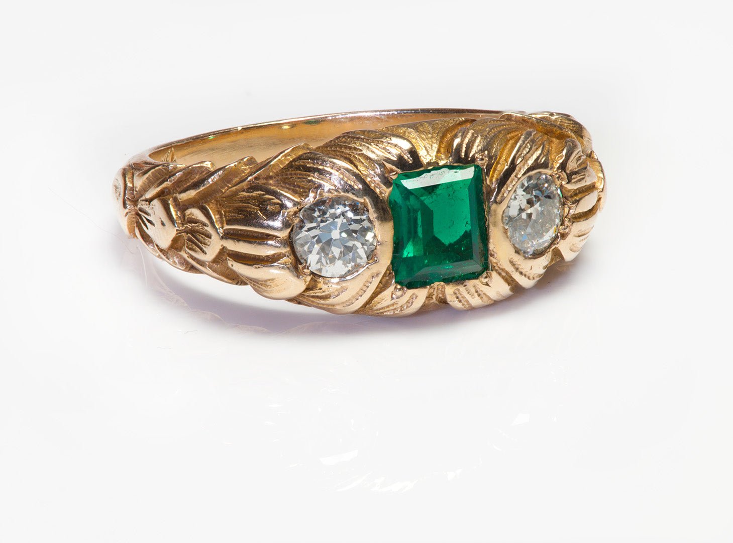 Antique Craved Gold Diamond Emerald Men's Ring
