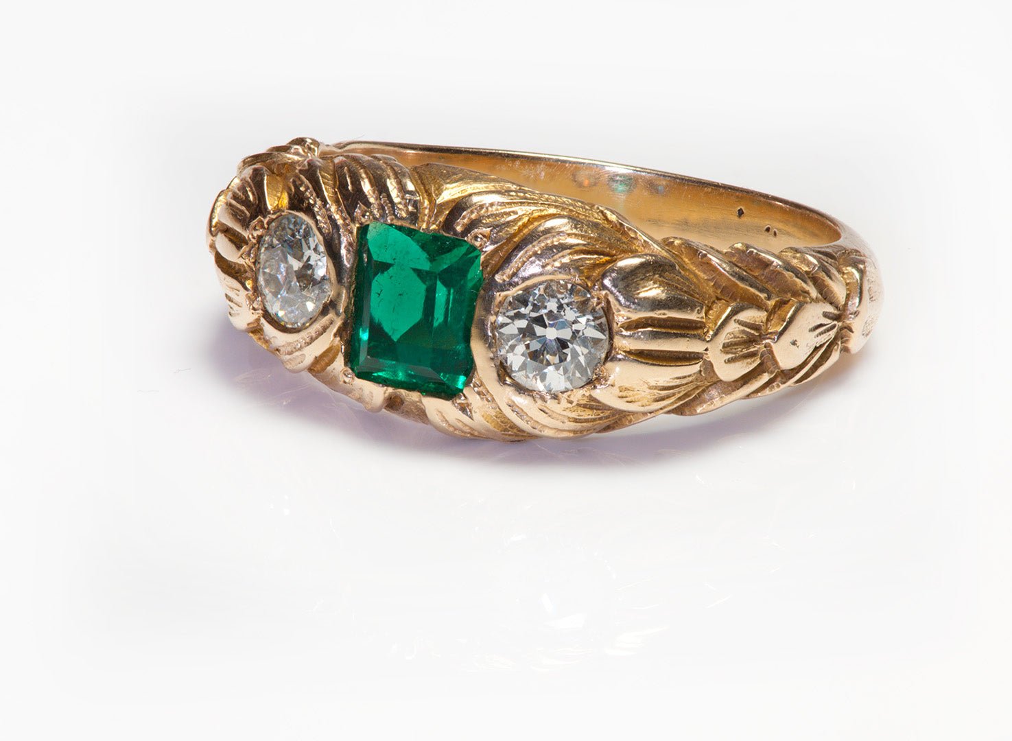 Antique Craved Gold Diamond Emerald Men's Ring