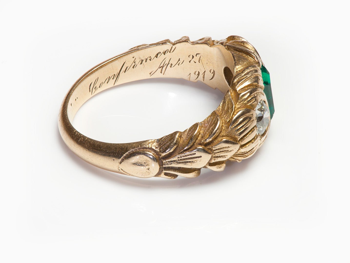 Antique Craved Gold Diamond Emerald Men's Ring