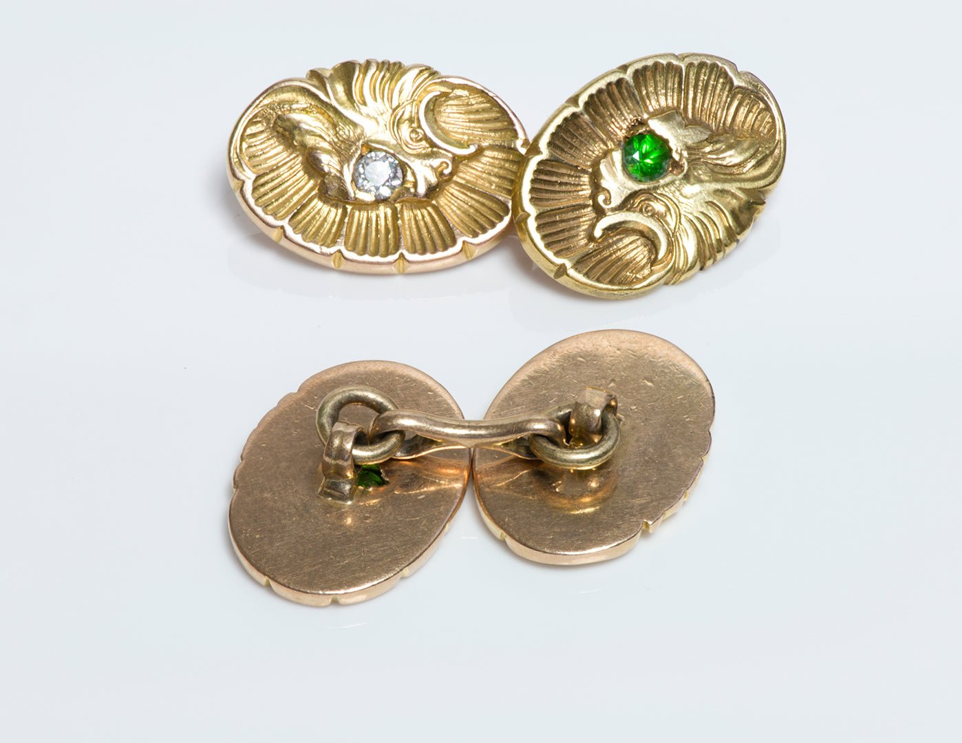 Antique Demantoid Diamond Shell Griffin Gold Cufflinks