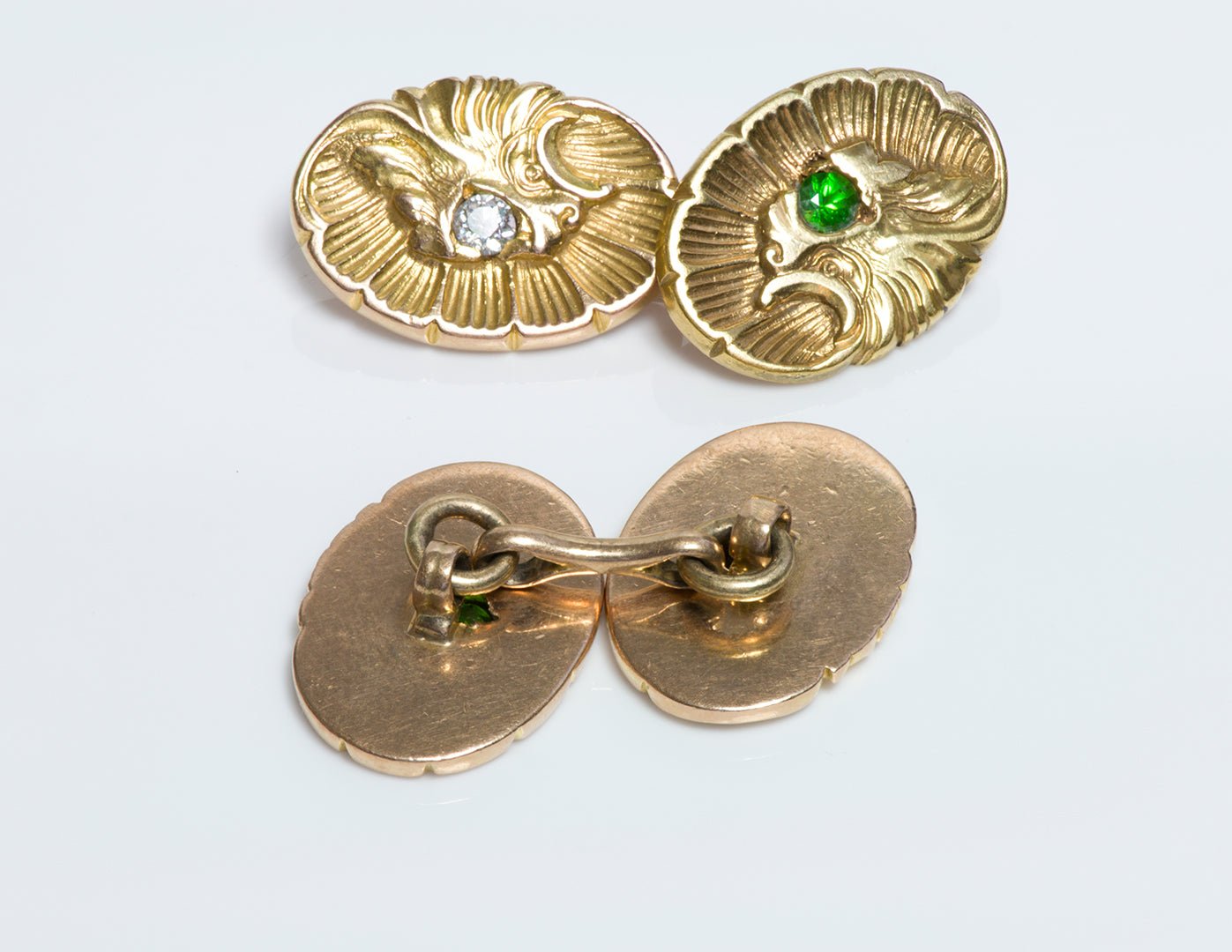 Antique Demantoid Diamond Shell Griffin Gold Cufflinks