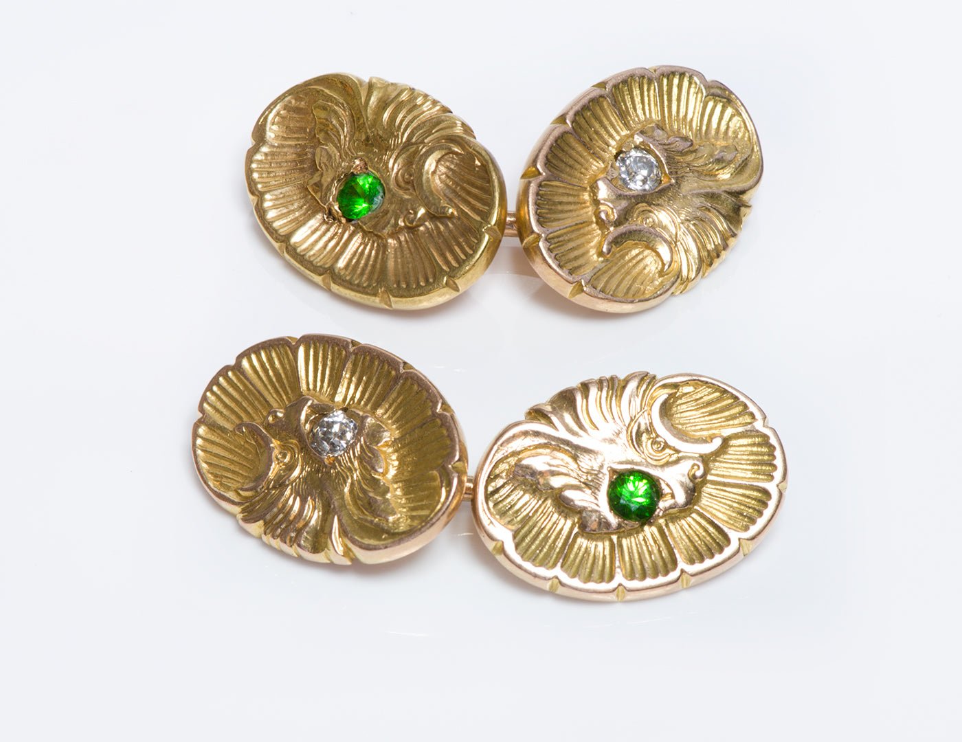 Antique Demantoid Diamond Shell Griffin Gold Cufflinks