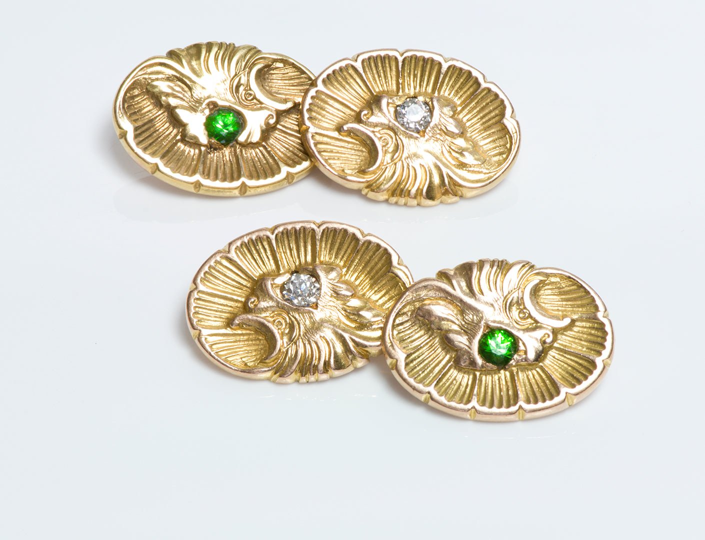 Antique Demantoid Diamond Shell Griffin Gold Cufflinks